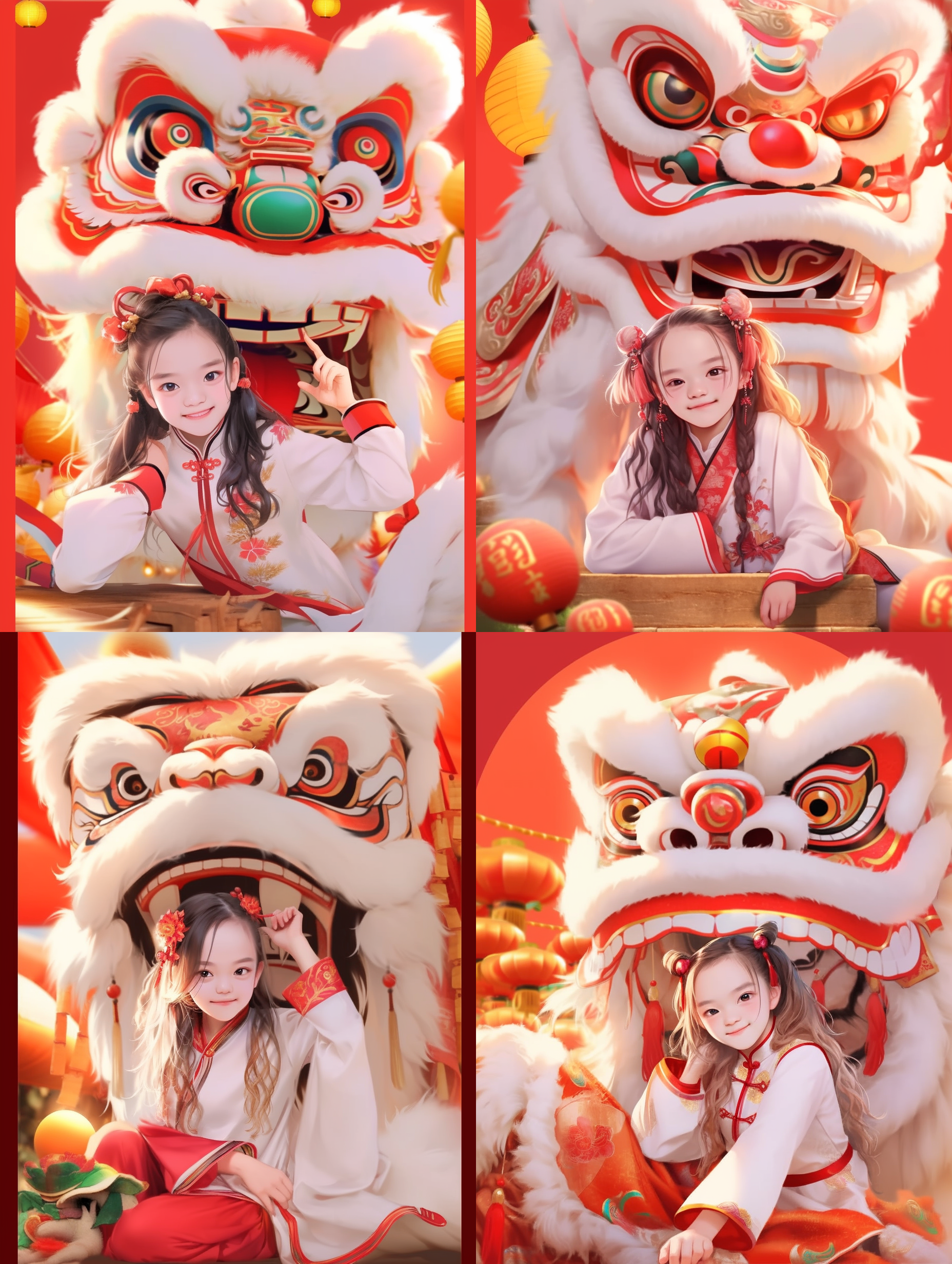 可爱女孩微笑，醒狮背后，无牙表情。大角度拍摄，室外环境，明亮色彩，长焦镜头，动态光线，舞蹈动作，节庆元素，欢乐氛围，童真情感。