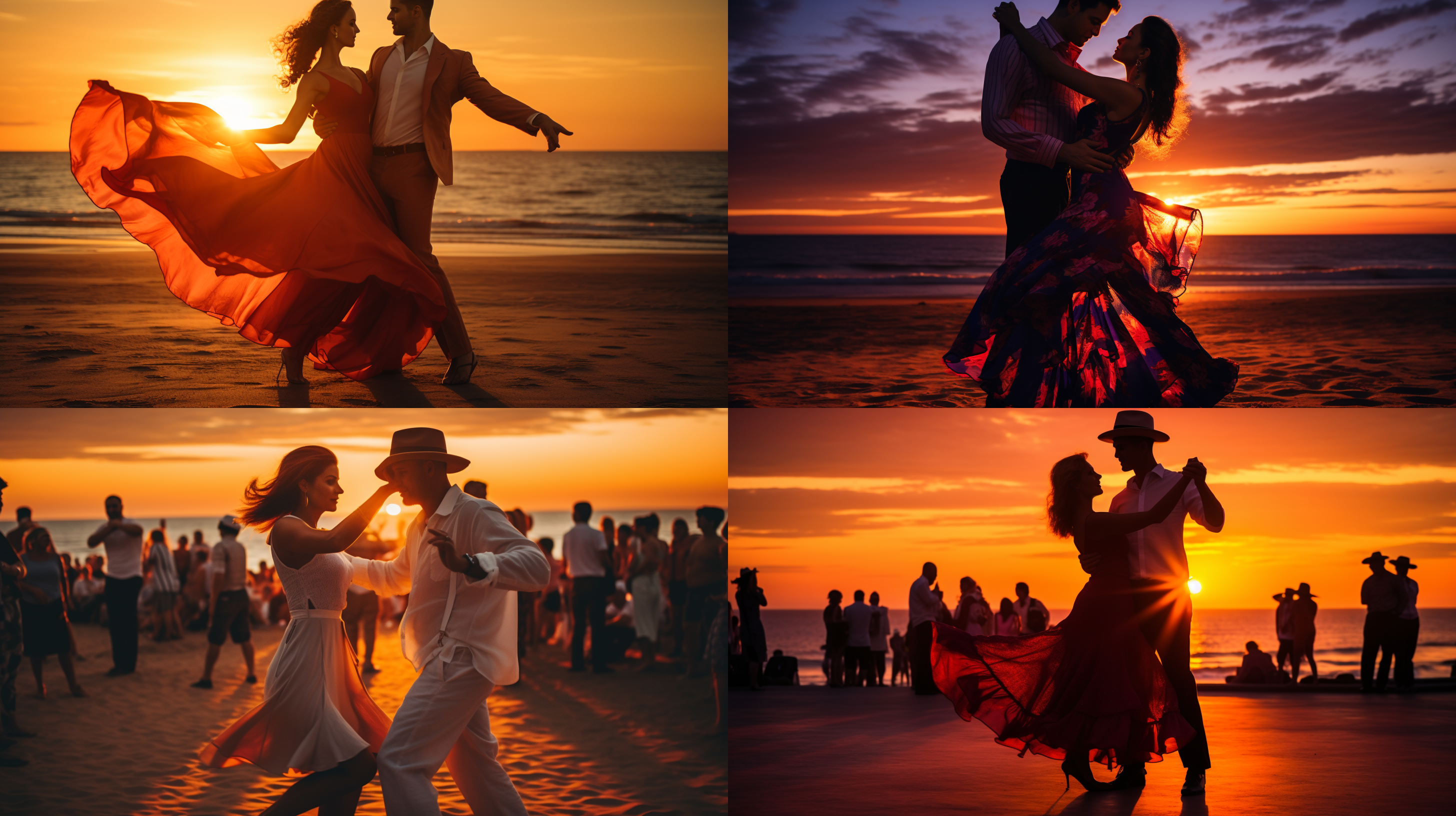 男女拉丁舞，清凉服装，室外拍摄，夕阳下的海滩，动感的舞姿，收缩镜头，色彩丰富，活力四溢，快门速度高，灵动的动作，欢快的音乐，快速步伐，激情四溢。
