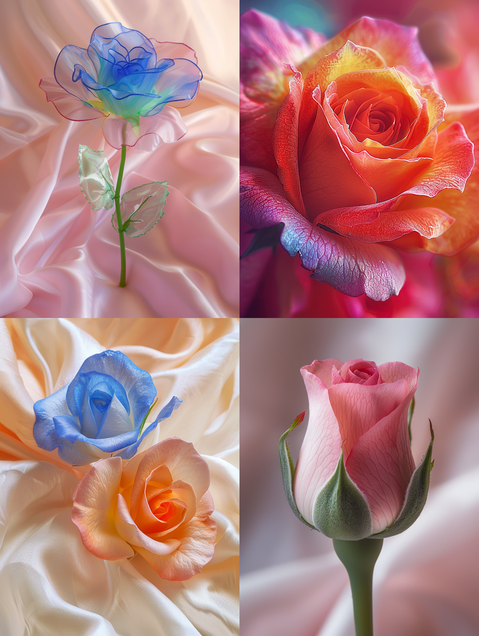 七彩玫瑰，一朵花，特写侧面，红绿蓝花朵，清晰的花瓣，桌面布局，花放在白色粉色丝绸上，中心构图，微距镜头，自然光，静态，鲜艳，柔和。 特写，微距镜头，自然光，清晰的花瓣，红绿蓝花朵，静态，鲜艳，柔和。