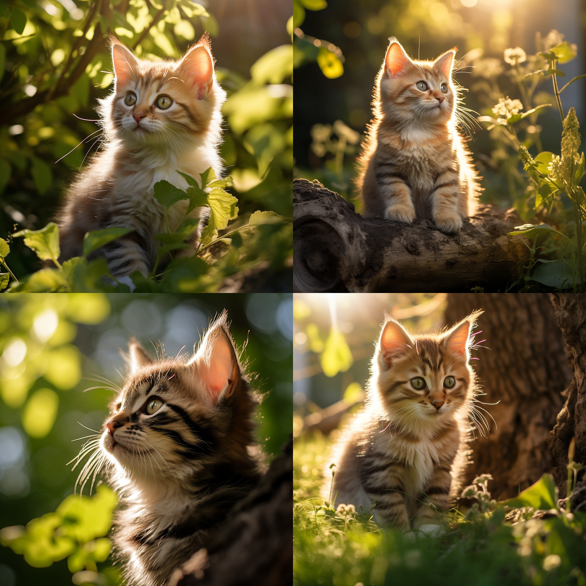 小猫玩耍在花园里，树荫下，逆光，柔和色调，特写镜头，可爱表情，毛发细节，自然动作，温馨。