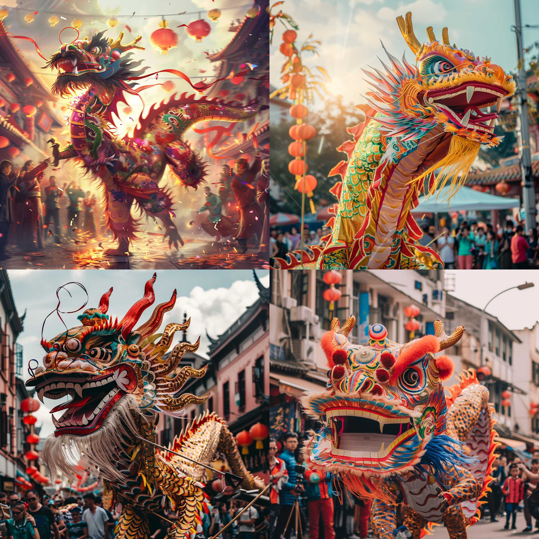 舞龙表演，国风主题，大街上，人群簇拥，龙舞动态，五彩斑斓，细节纹路清晰，广角镜头，明亮光线，喜庆氛围，欢快节奏，灵动优雅。