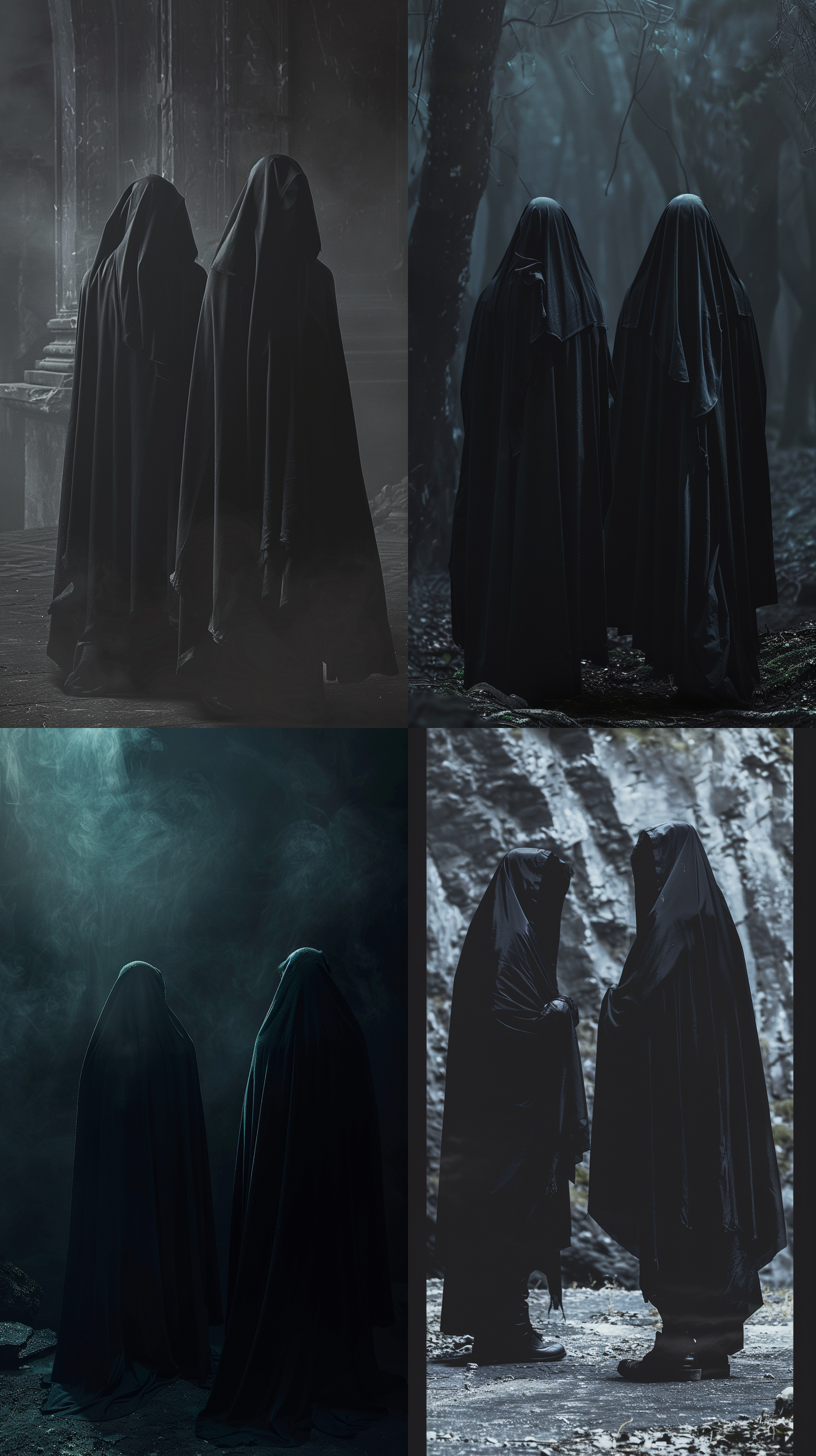 两个神秘人，黑色披风，宏大场面，神秘感，真实风格，环境恢弘，暗调，长焦镜头，侧光，静态姿势，神秘氛围。