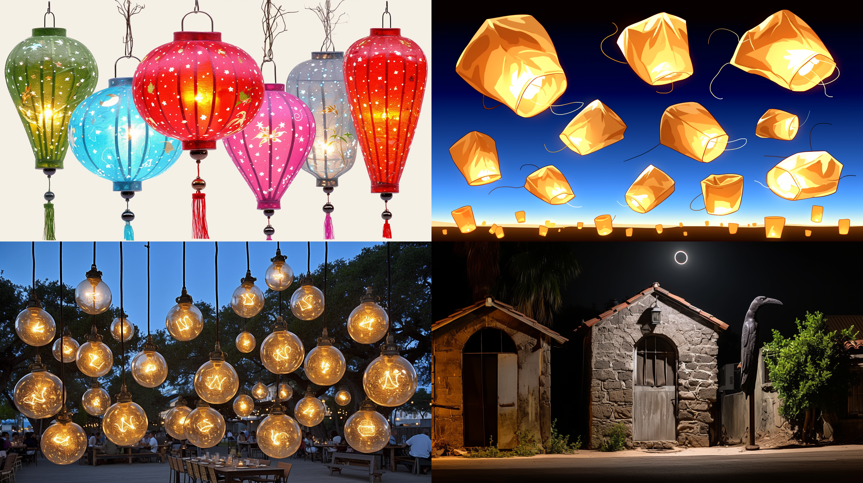 夜空中，月亮，树枝，灯笼。照片以对角线布局为主，神秘而宁静的氛围。长焦镜头捕捉细节，灯笼的柔和光线在黑暗中显得格外温暖。整体色调以深蓝和金黄相互衬托，给人以安宁和温暖的感觉。月光洒下，照亮了夜空，给人一种宁静和梦幻的感觉。