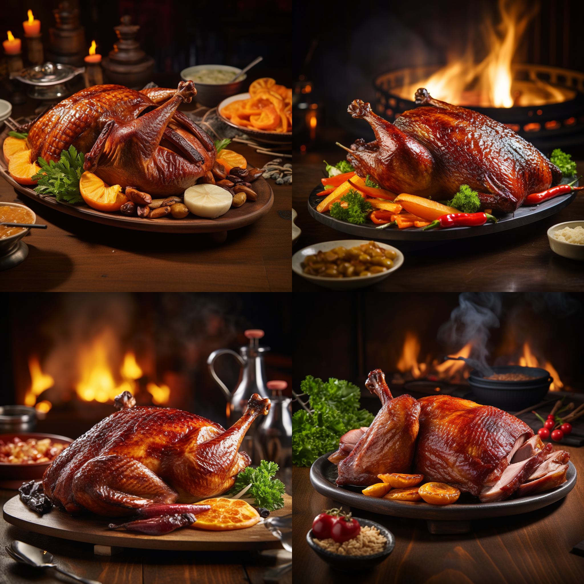 金牌烧鹅，传统烧腊店内，金黄色的烧鹅皮诱人，摆盘整齐，烟雾缭绕，木质装修风格，明亮的灯光，烤箱后景，美味诱人，饕餮享用，满足。