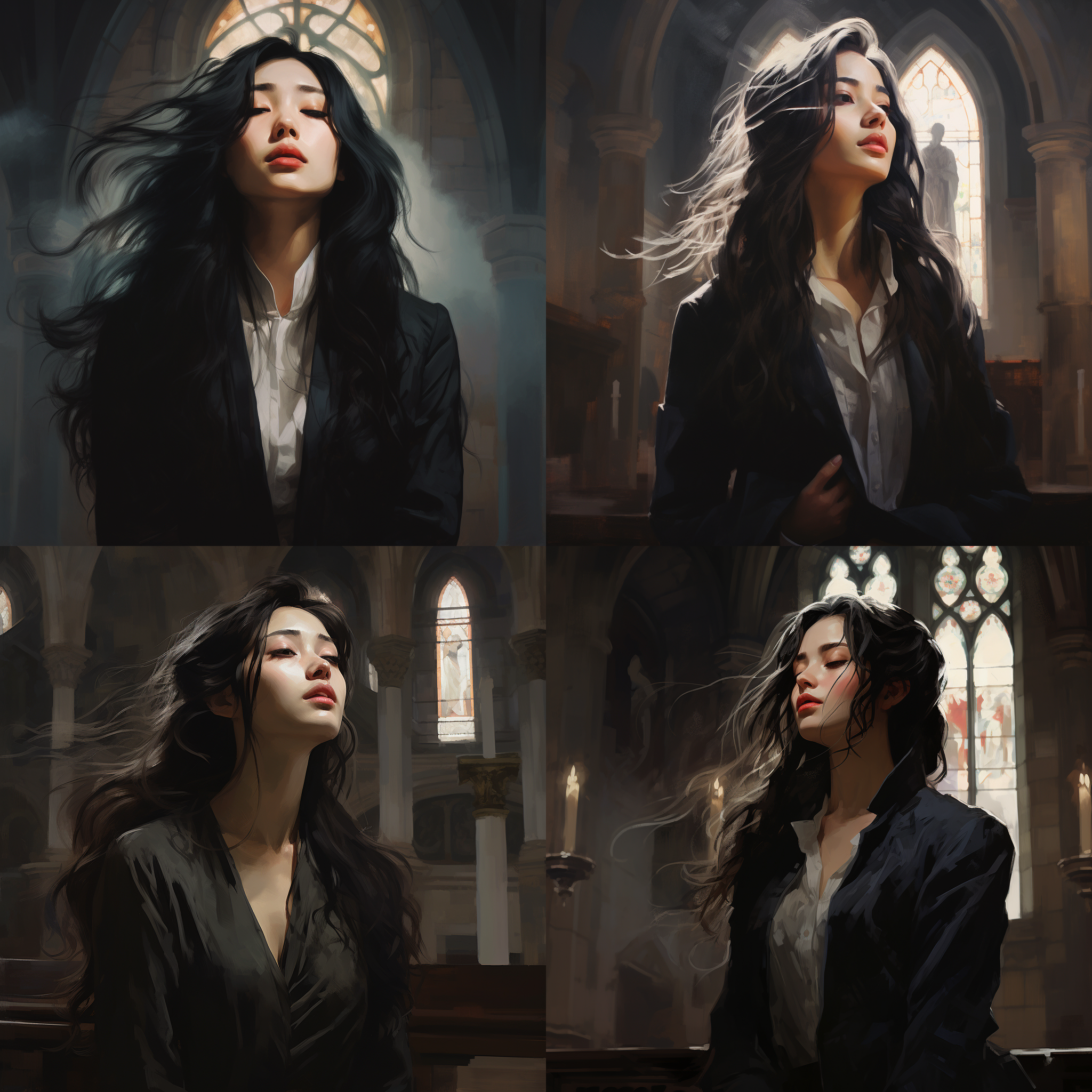 a woman standing in a church looking off into the distance with her eyes closed and her hair blowing in the wind, chiaroscuro, a character portrait, ai xuan, neo-romanticism