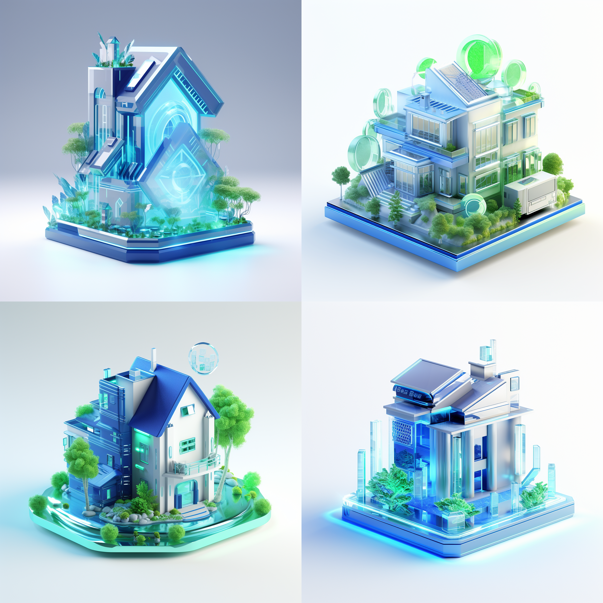 一个金融房子，behance，蓝色，白色，绿色，白色背景，软3d风格，透明感，科技感，建模，可爱