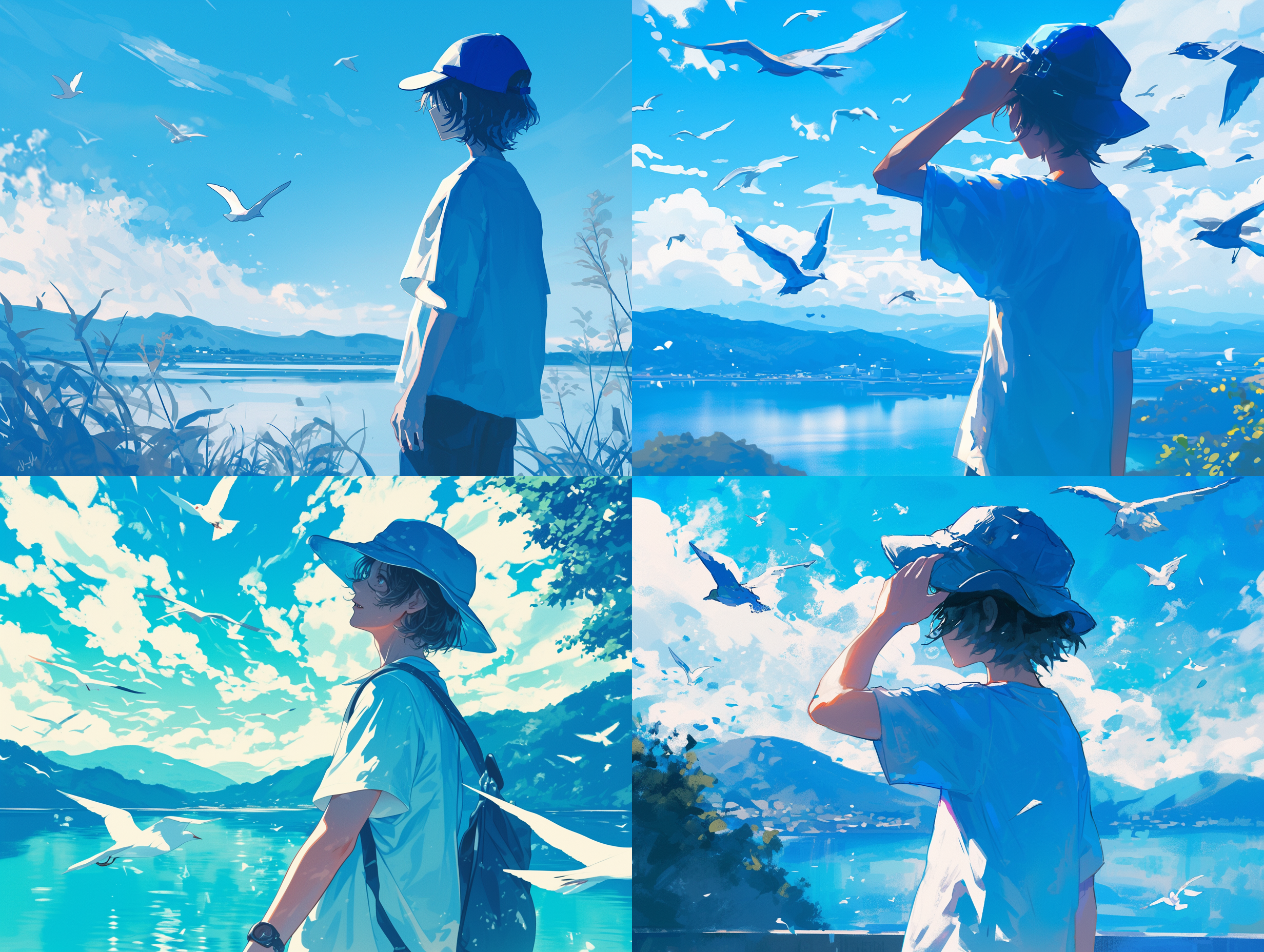 prompt. 少年戴蓝色帽子，湖泊背景，鸟儿飞翔，逆光拍摄，长焦镜头，和谐色调，静态，自然，清新，蓝色。