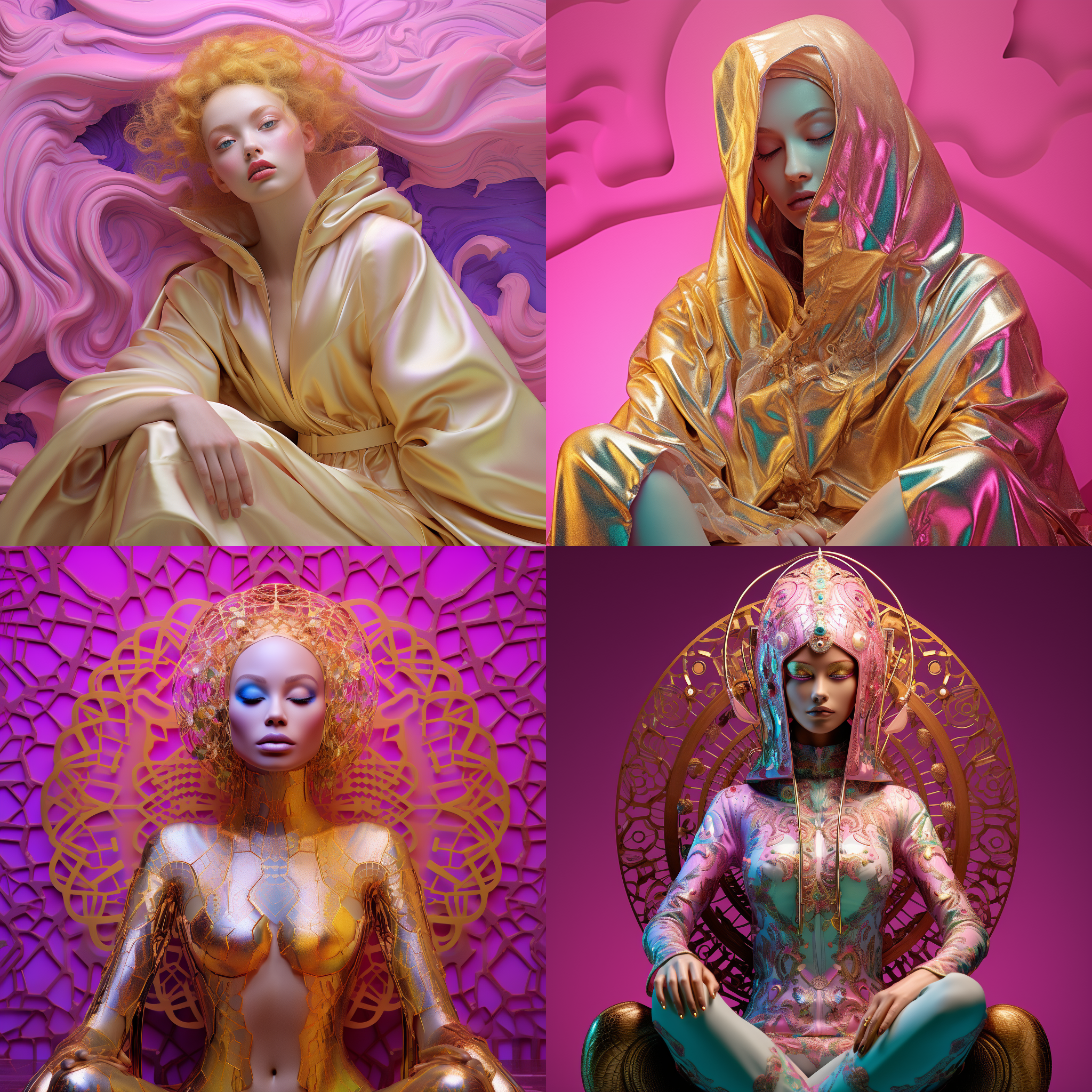 金色服装，粉紫绿背景，超现实风格，zbrush制作，宗教艺术，瓷器质感，宁静面容，女王核心，uhd图像，ar 3:4，神秘幻想，奇幻色彩，坐姿，近景，超高清，抽象艺术，虚拟现实，立体感，艳丽色彩，神秘氛围。