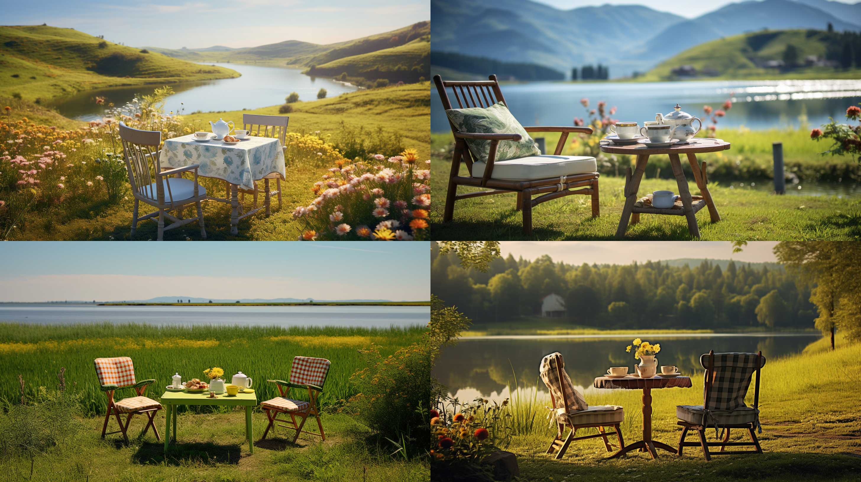 清晨阳光照耀湖泊，翠绿草地上方形木桌摆着茶杯，1男2女坐在靠背椅上。自然风光，明亮色彩，长焦镜头，自然光，静态，和谐，温馨。