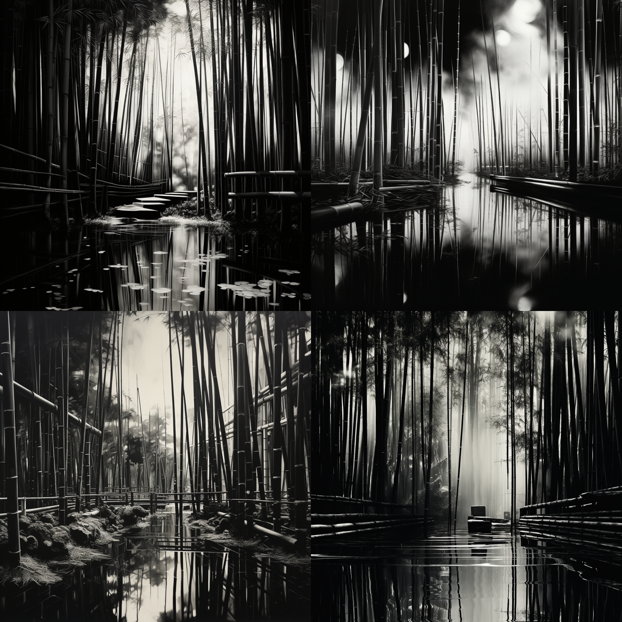 竹林图像，黑白，otto-piene风格，水的亮度，工业城市场景，julio larraz，悬浮／悬挂，强烈特写，marko manev，高清晰度，对比度强，细节丰富，静态，寂静。