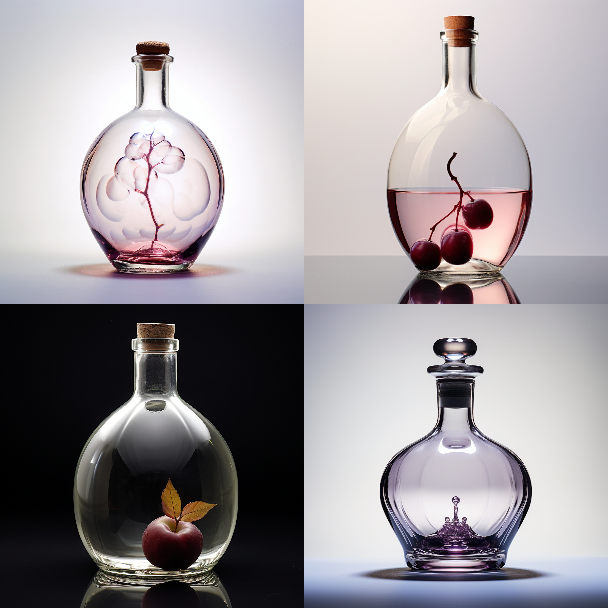 透明酒瓶，梅瓶造型，玻璃封盖，高级感，空瓶花瓶，细节浮雕“钱罐子”，透明度，静物拍摄，清晰细节，反光，白色主题，高透玻璃。