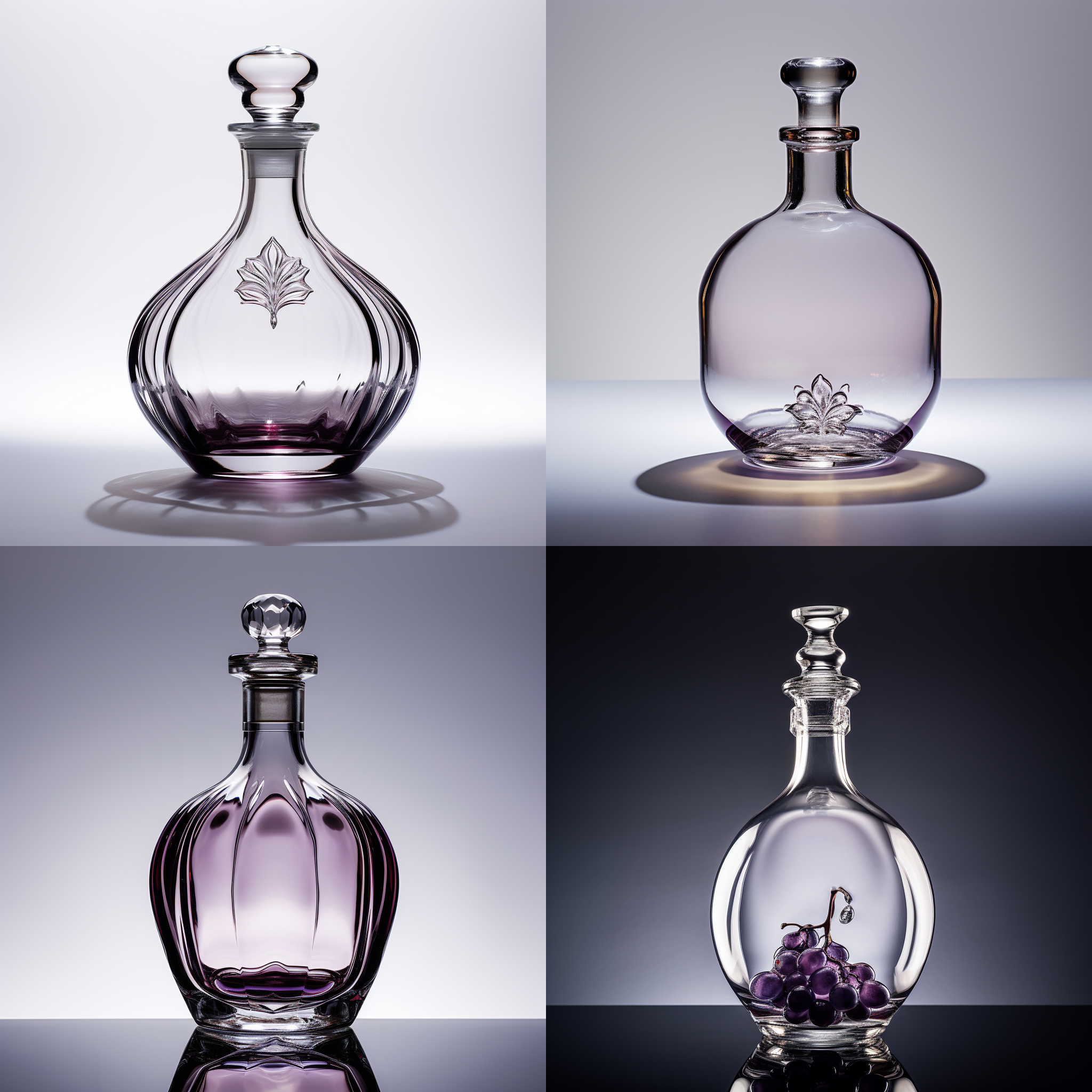 透明酒瓶，梅瓶造型，玻璃封盖，高级感，空瓶花瓶，细节浮雕“钱罐子”，透明度，静物拍摄，清晰细节，反光，白色主题，高透玻璃。