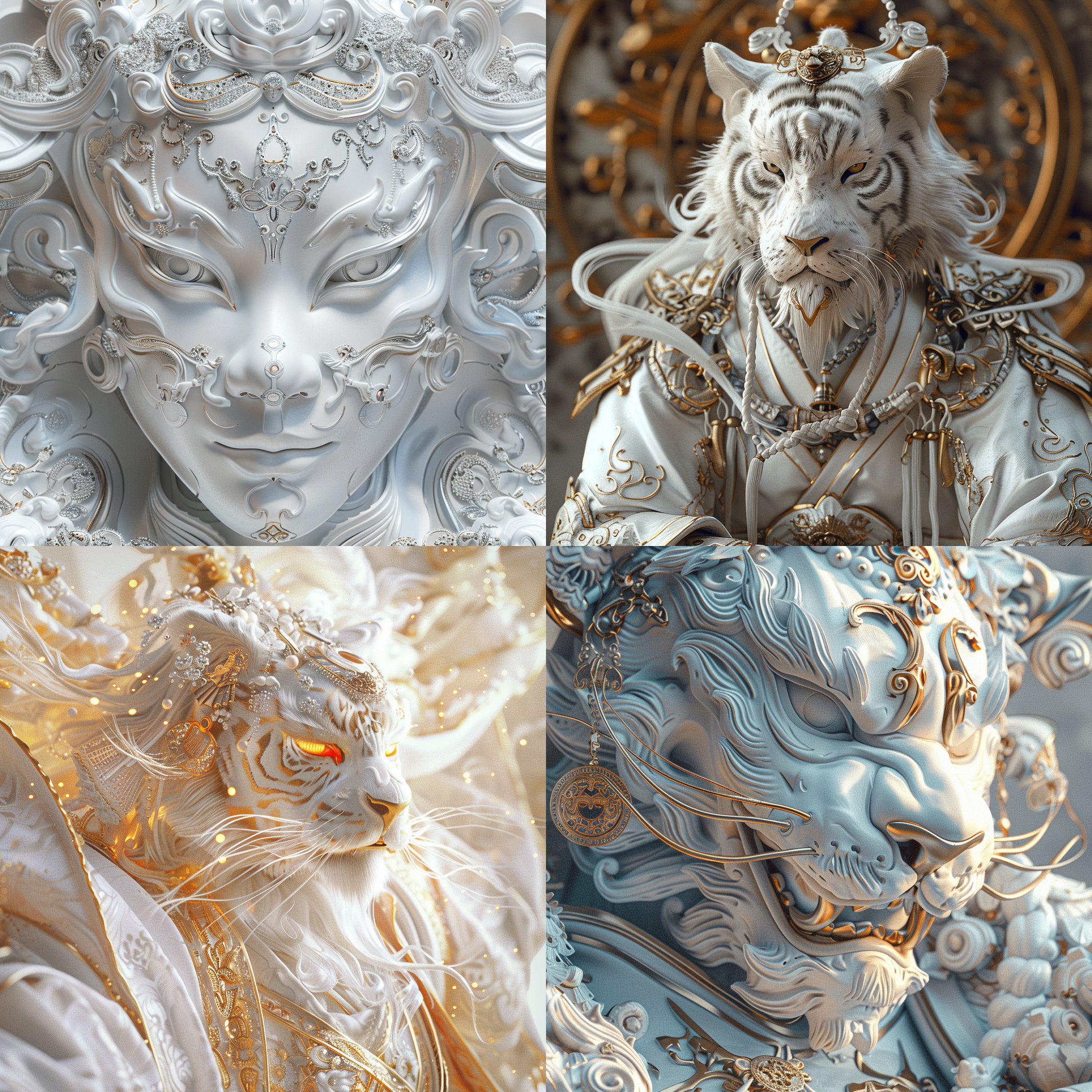 银白色面具人物背景生肖虎，白色汉服，超现实风格，zbrush制作，宗教艺术，瓷器质感，宁静面容，动感姿势，uhd图像，ar 3:4，神秘幻想，奇幻色彩，坐姿，近景，超高清，抽象艺术，虚拟现实，力量感，艳丽色彩，神秘氛围