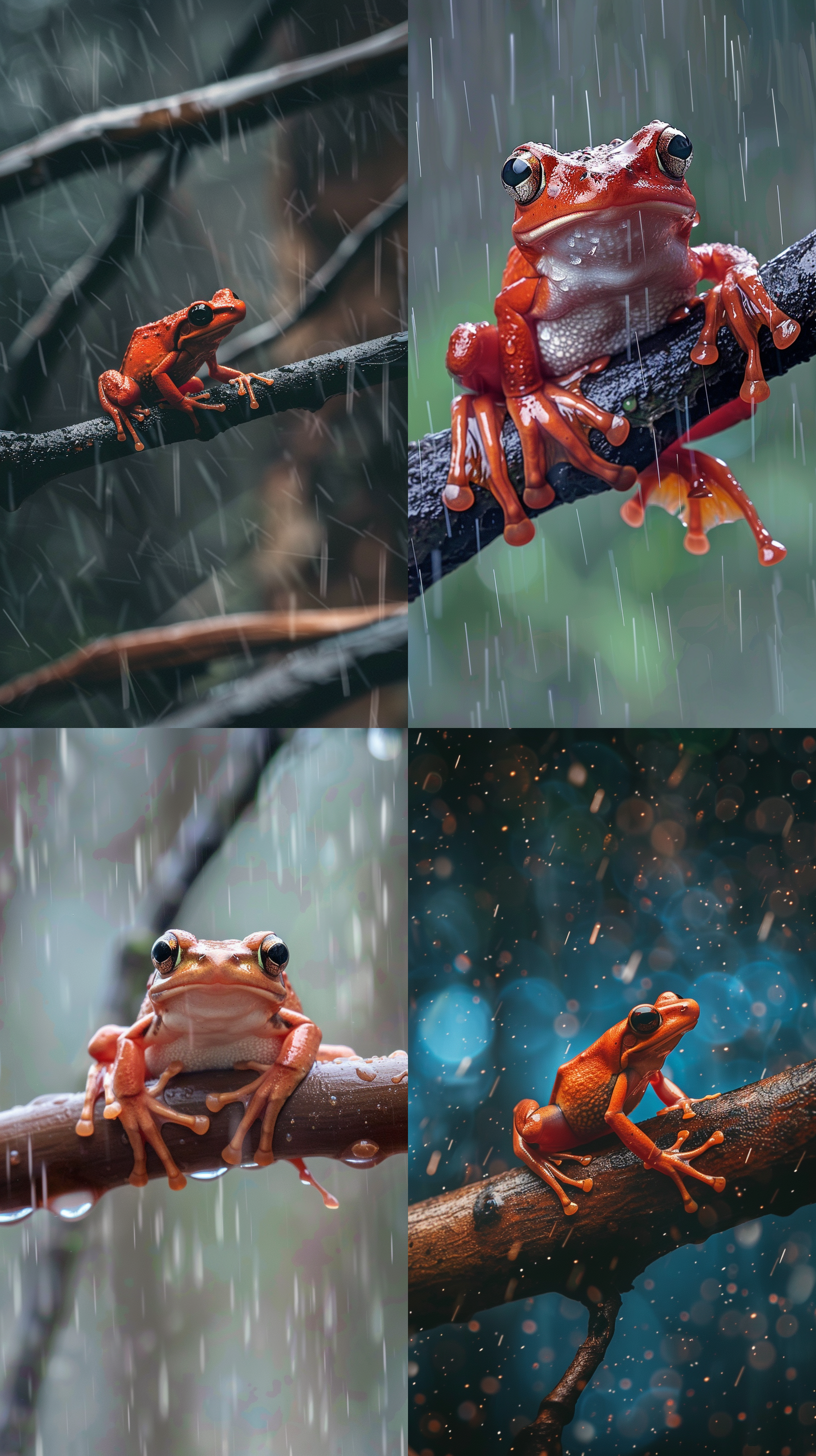 红色小青蛙栖息在树枝上，小雨中，雨滴打在身上，超清12k画质，广角长焦镜头，背景不虚化。