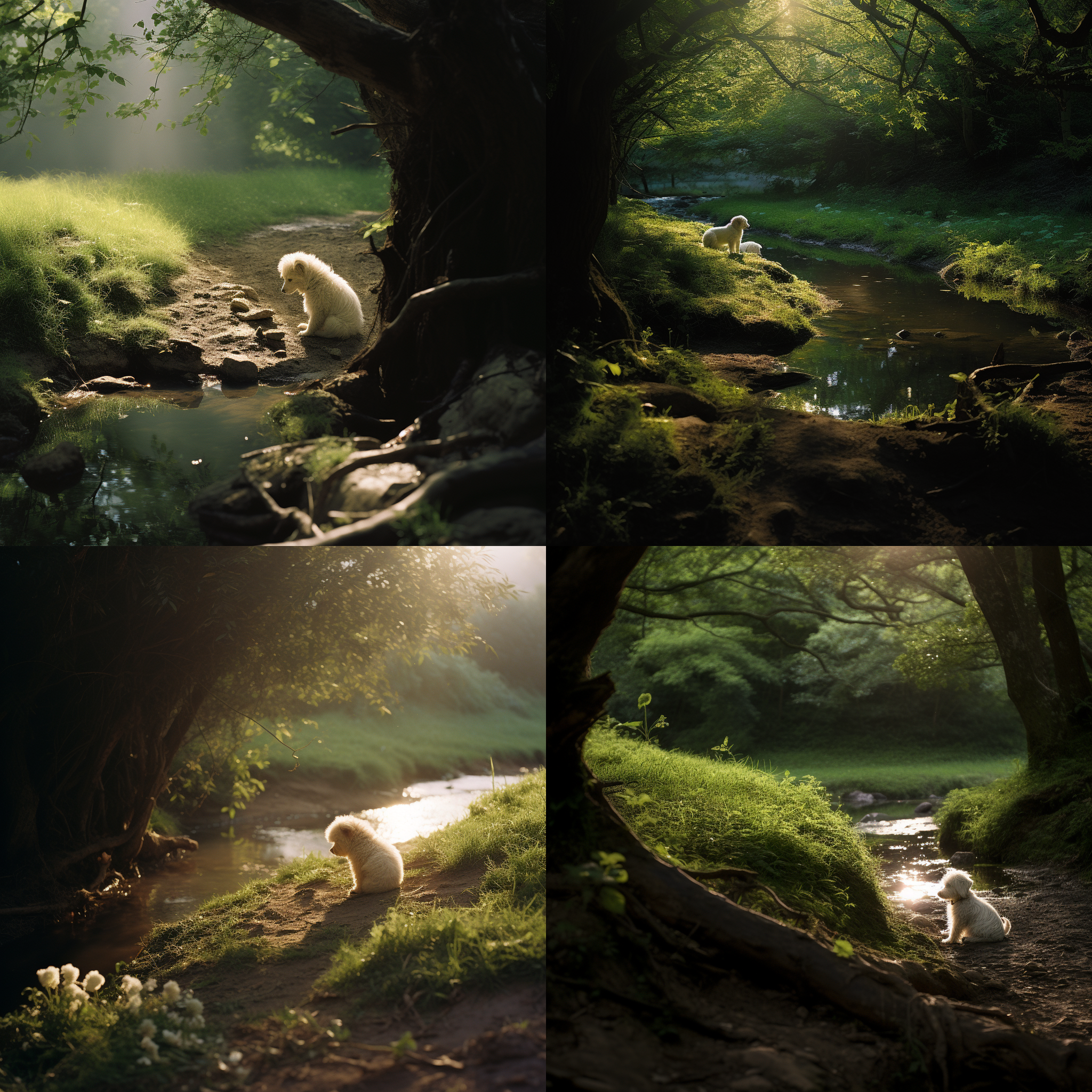 白色小狗蹲坐树下，坟包在下方，小溪横贯画面，小路在溪的另一边。主人与小狗遥遥对望。风景布局，怀旧色调，长焦镜头，柔光，静态，忧伤。