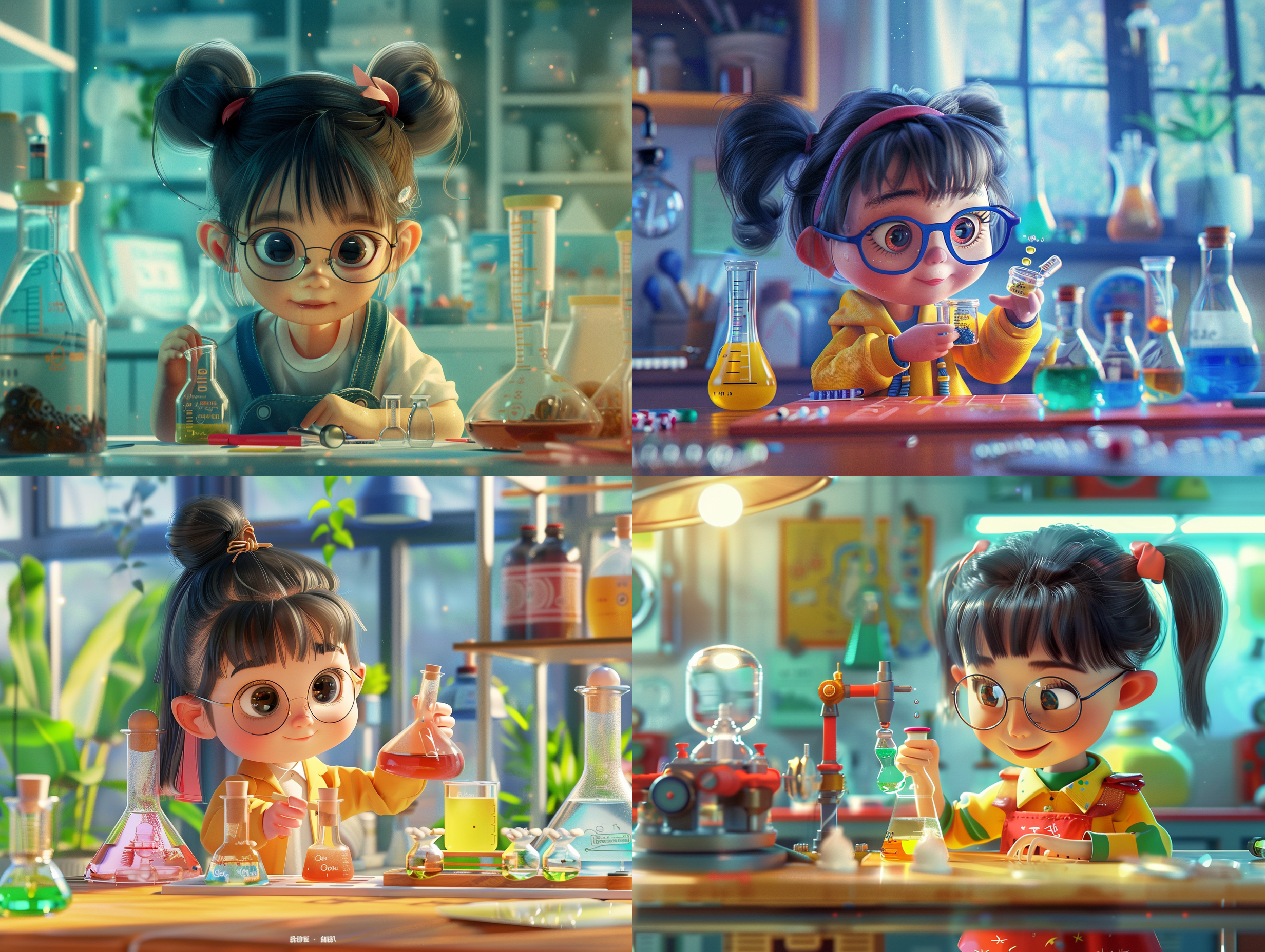 可爱中国小女孩实验桌前，十岁，扎单马尾辫，戴着小眼镜，做着自然科学实验，插画风格，婴儿肥脸，有趣设计，卡通写实，图书插图，8k展示，d5渲染。