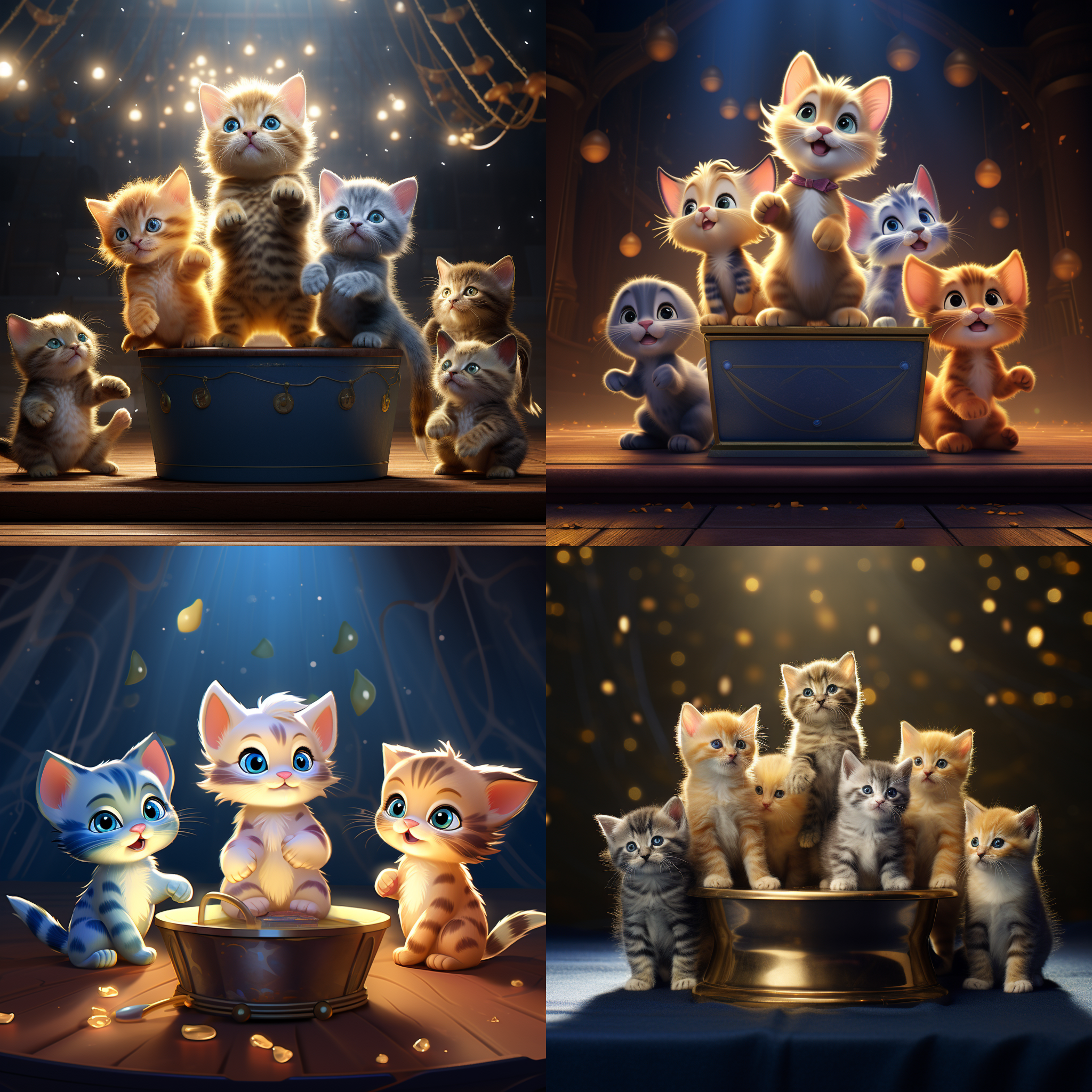 迪士尼动画风格，4个月的蓝金渐层猫咪在讲台上，给一群刚出生的猫仔分享江湖经验。明亮色彩，柔和光线，中心对称，广角镜头，活泼表情，互动，友善，激励。