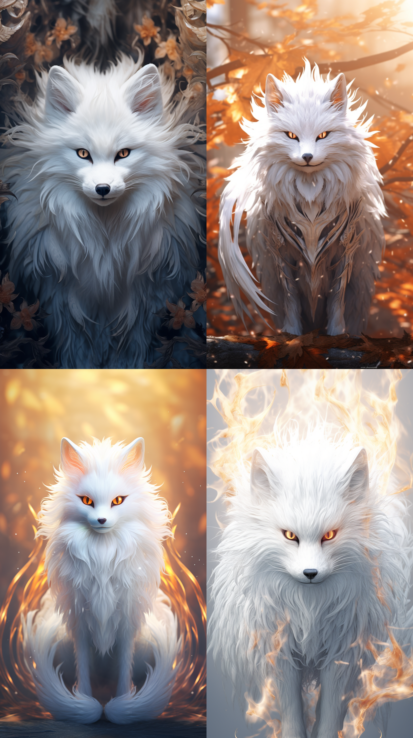 白色九尾妖狐，拟人化，毛发真实细腻，魅惑，动人，眼神诱人，多细节，自然背景，4k，超清，壁纸