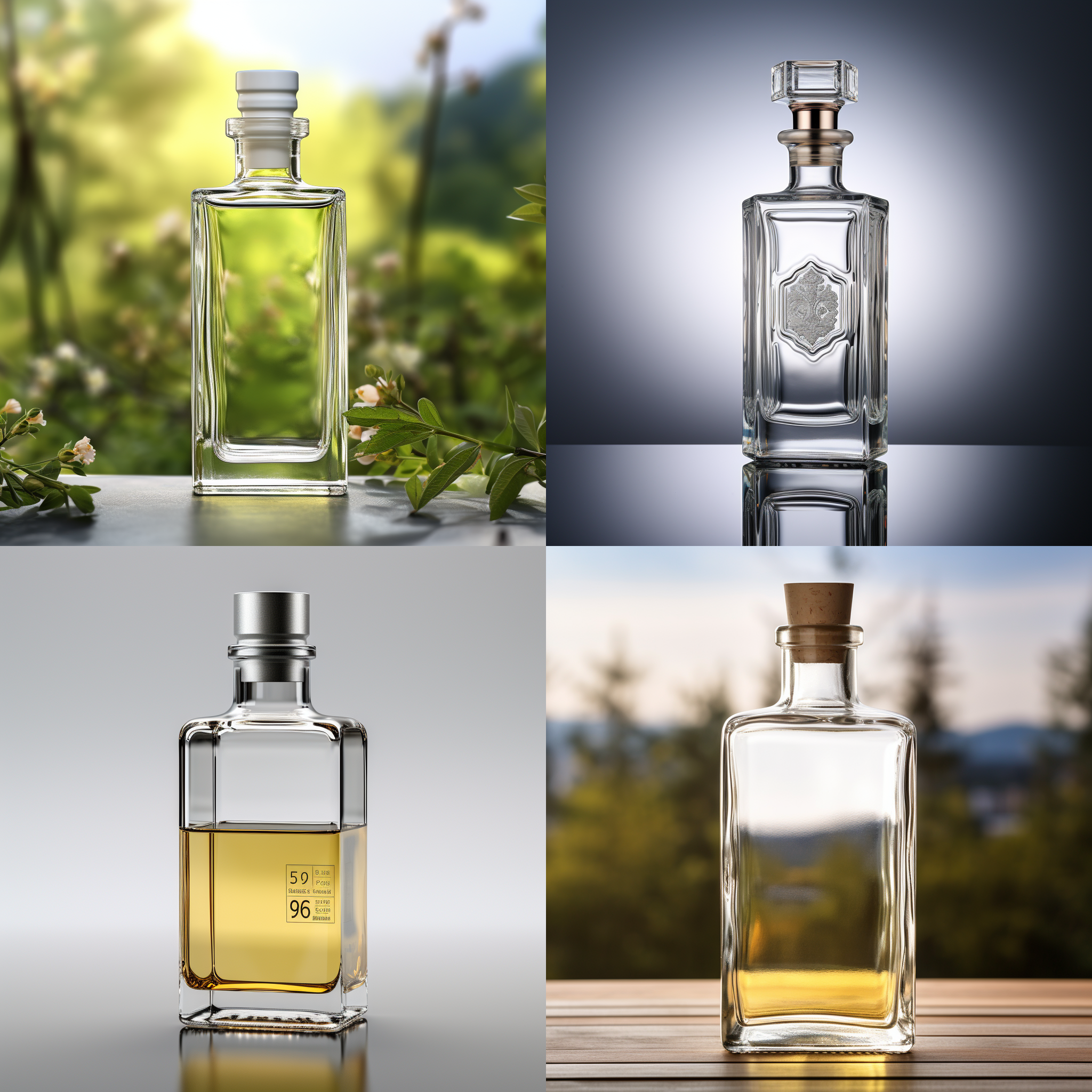 高透玻璃白酒瓶，方形，500毫升，密封瓶盖，钱罐子，明亮环境，中景构图，细节突出，清晰，静态，透明，冷色调。