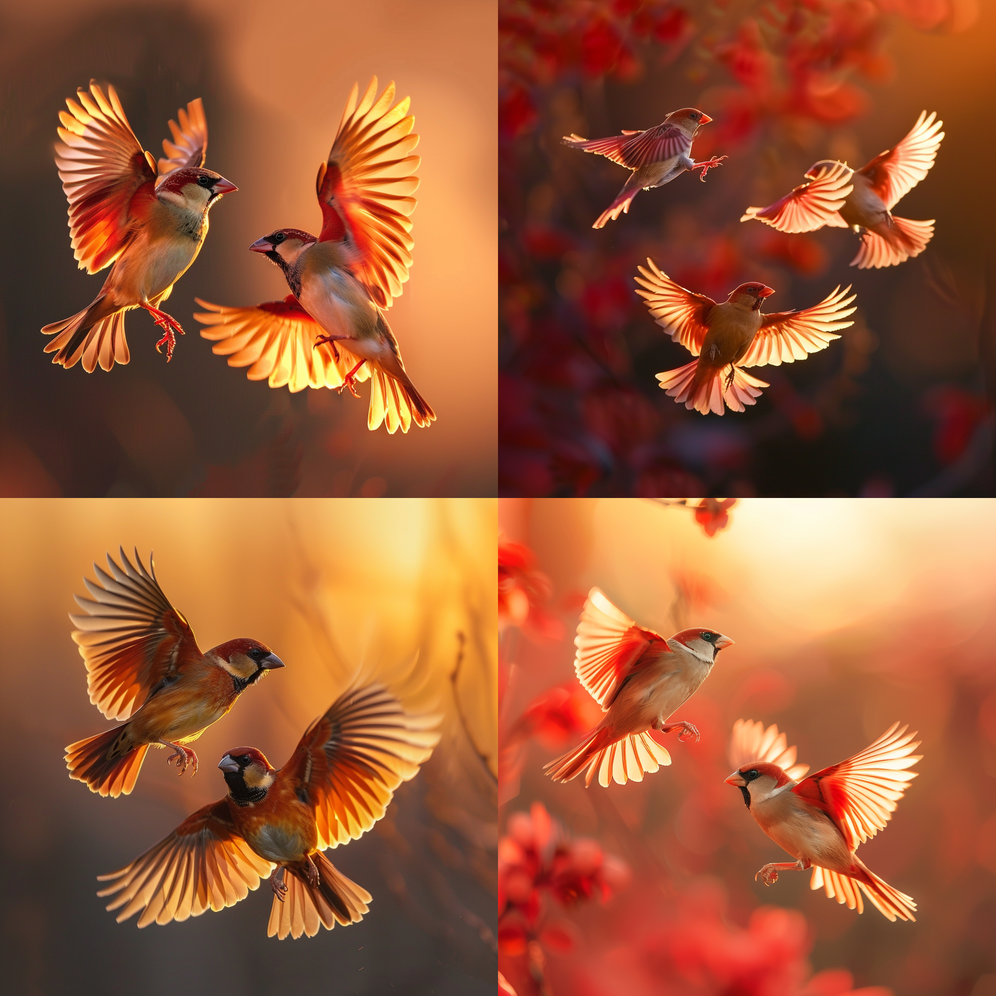 朱雀飞舞，日落余晖下，天空中，华丽羽毛，流畅线条，红色与金色，长焦镜头，逆光拍摄，翱翔，优雅。