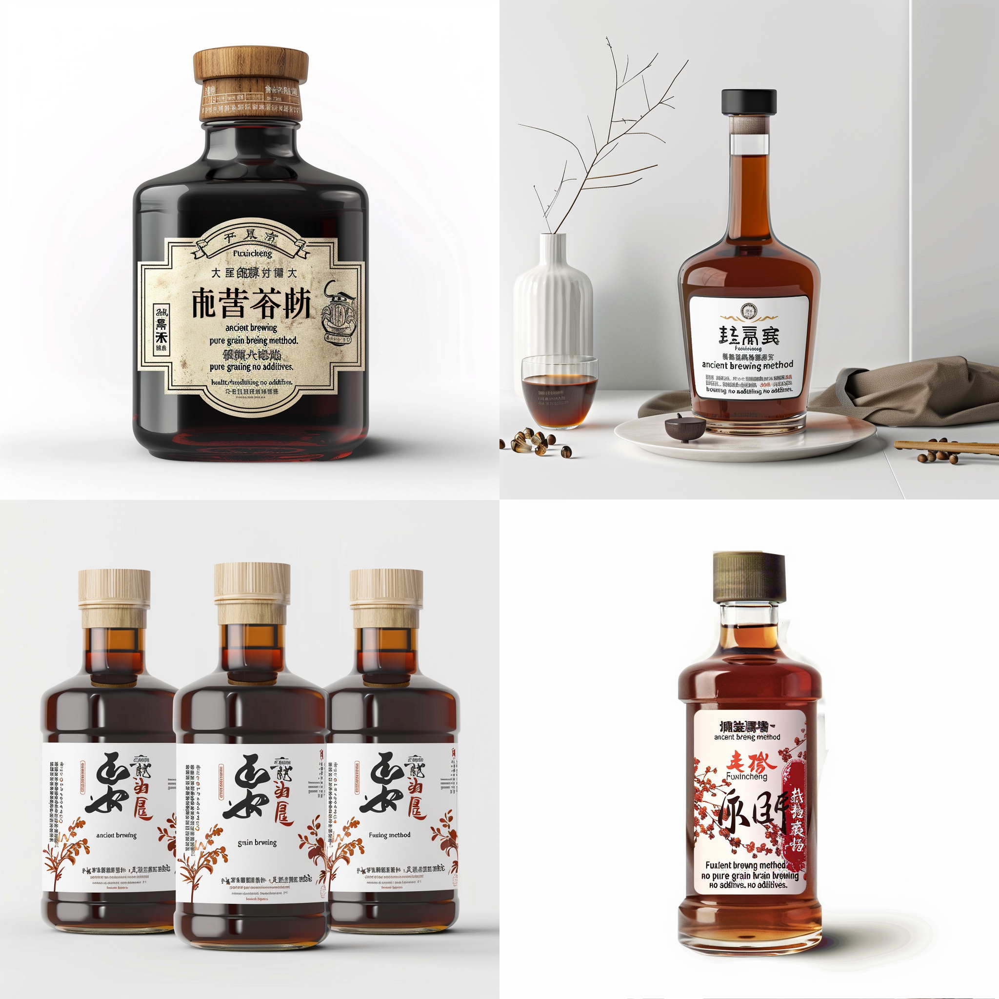 山西老陈醋标贴，现代风格，长方形构图，商标名字“復新成”，文字内容可以加“古法酿造”“纯粮酿制”“无添加。更健康”，高饱和度，清晰对比，微距镜头，白色背景，平面设计，简洁，专业。