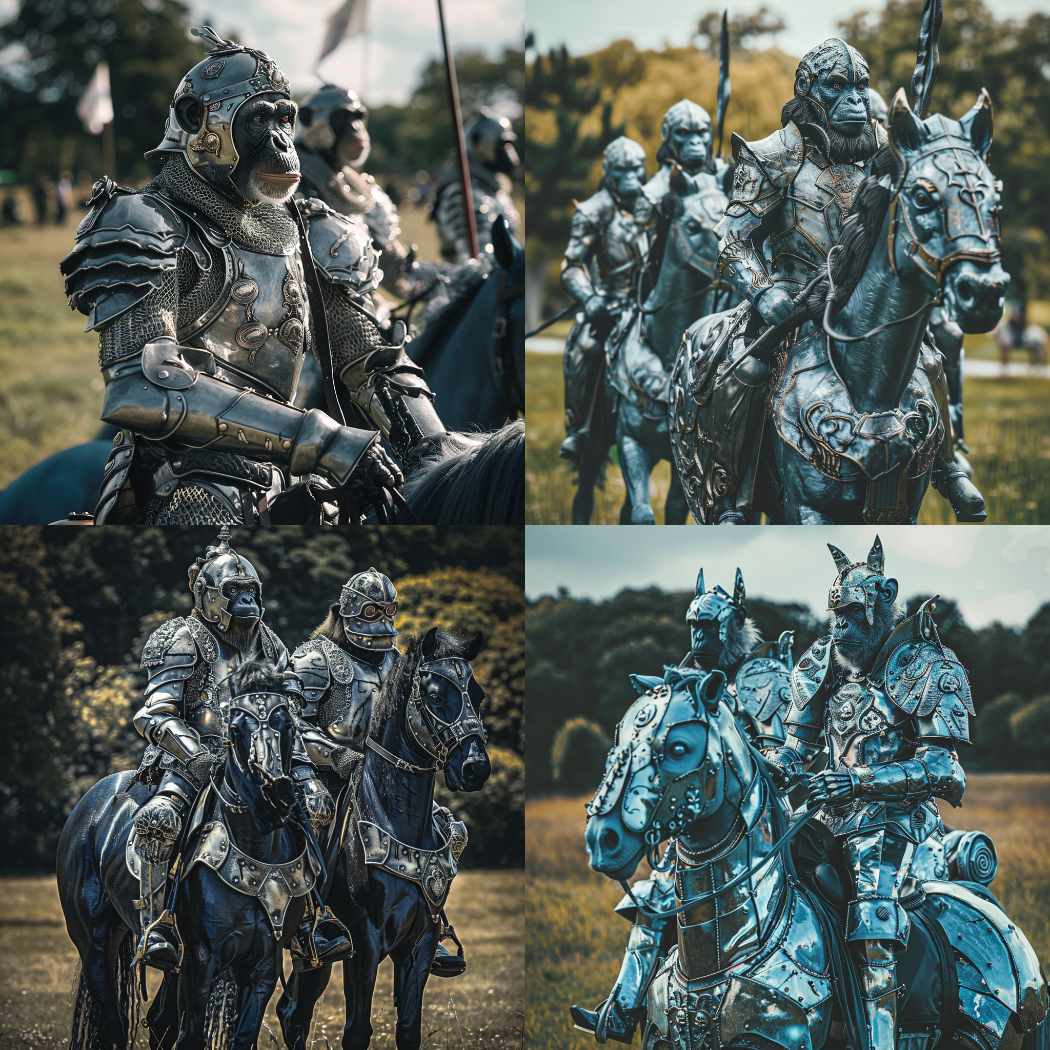 穿盔甲的猴子骑着高头大马，静态展示，酷酷的感觉，中央构图，户外草原，金属质感，长焦镜头，自然光，端庄表情，银色盔甲，蓝色马匹，威严氛围。