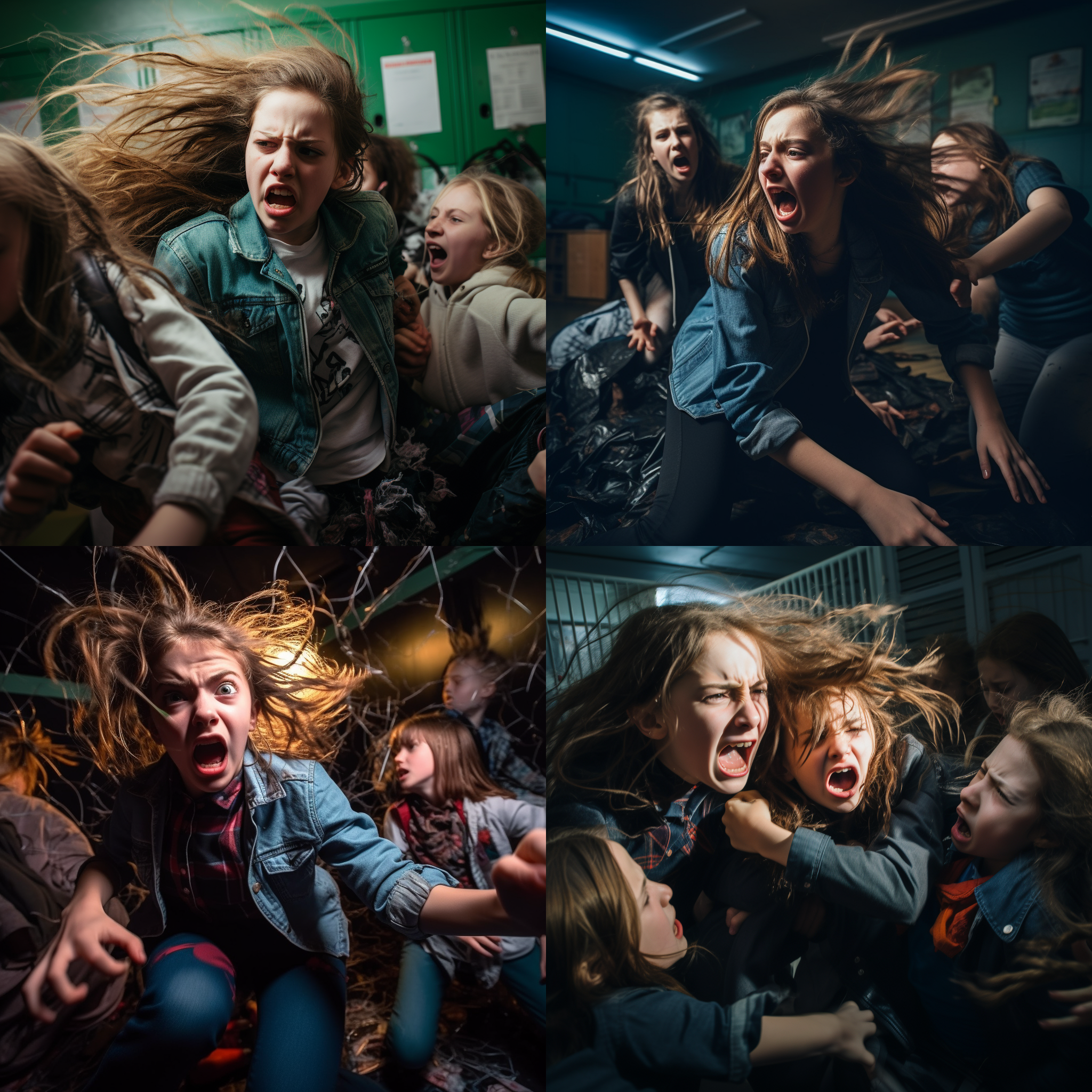 初中女生情绪发泄，大喊扭打，抓头发，满地垃圾，室内环境，混乱布局，暗色调，中焦镜头，运动捕捉，动作表现，真实情感，愤怒，紧张。