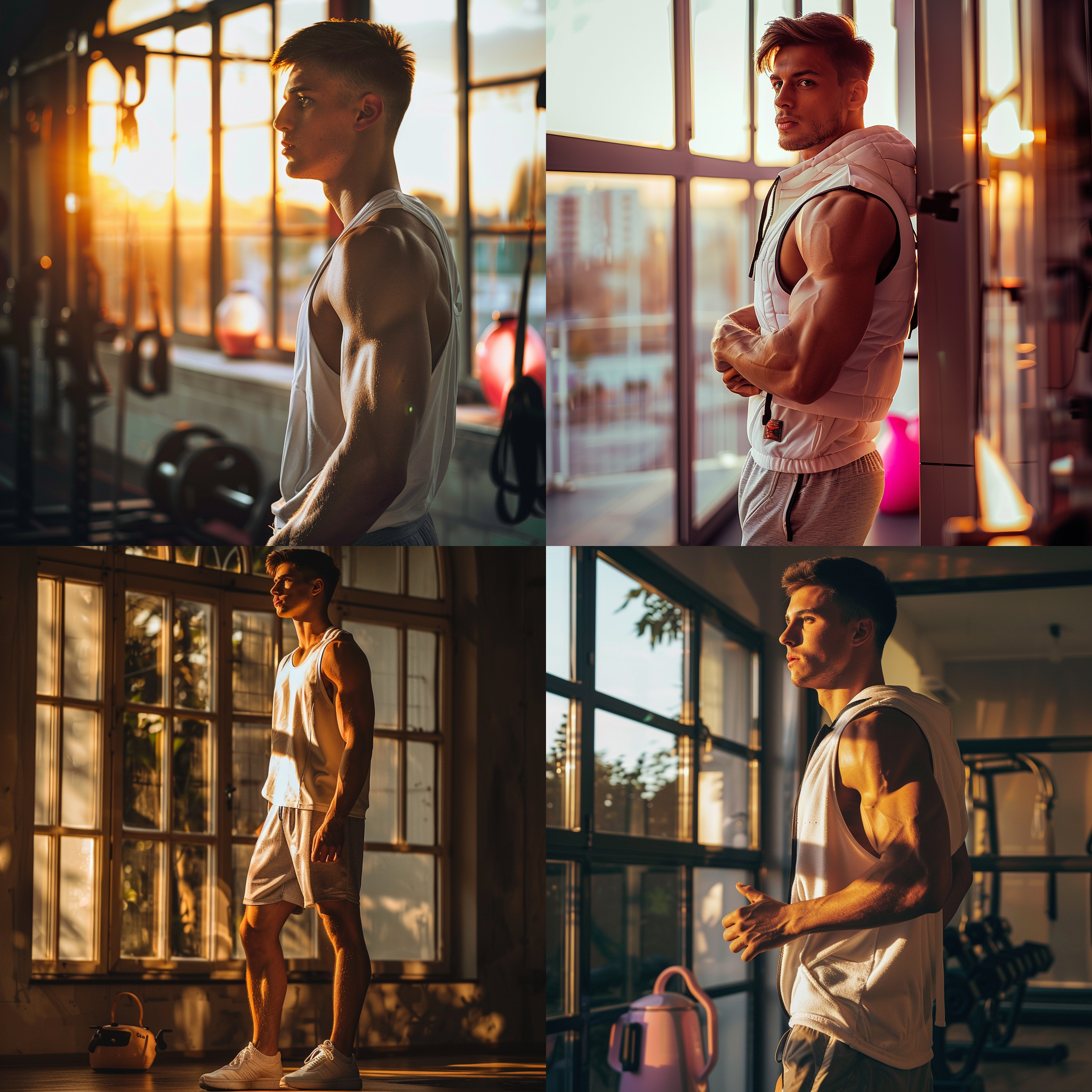 一个年轻帅气的男子，在健身房做运动，夕阳照进了大落地窗，微微映射在他的帅气的脸上，他头发被汗水微微的浸湿，穿着一件白色马甲，一条灰色的短裤，白色的运动鞋。背景里却有一个荧光粉色的水壶