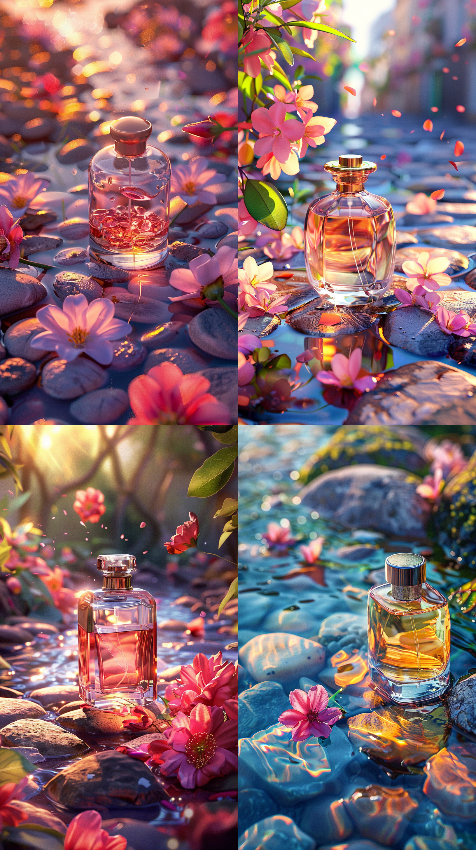 香水产品图，放在彩色鹅卵石上，溪流背景，落花点缀，优雅布局，微距拍摄，明亮色彩，透视感，细节突出，清晰对焦，瓶身倾斜，温暖光影，高质感。