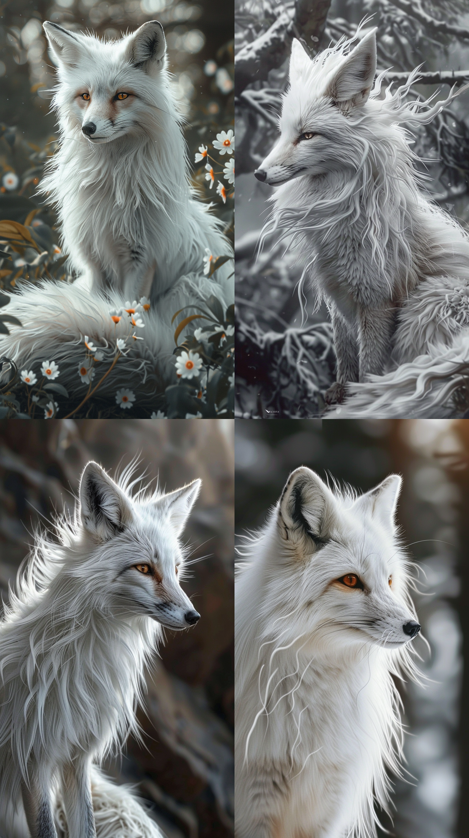 白色九尾妖狐，拟人化，毛发真实细腻，魅惑，动人，眼神诱人，多细节，自然背景，4k，超清，壁纸