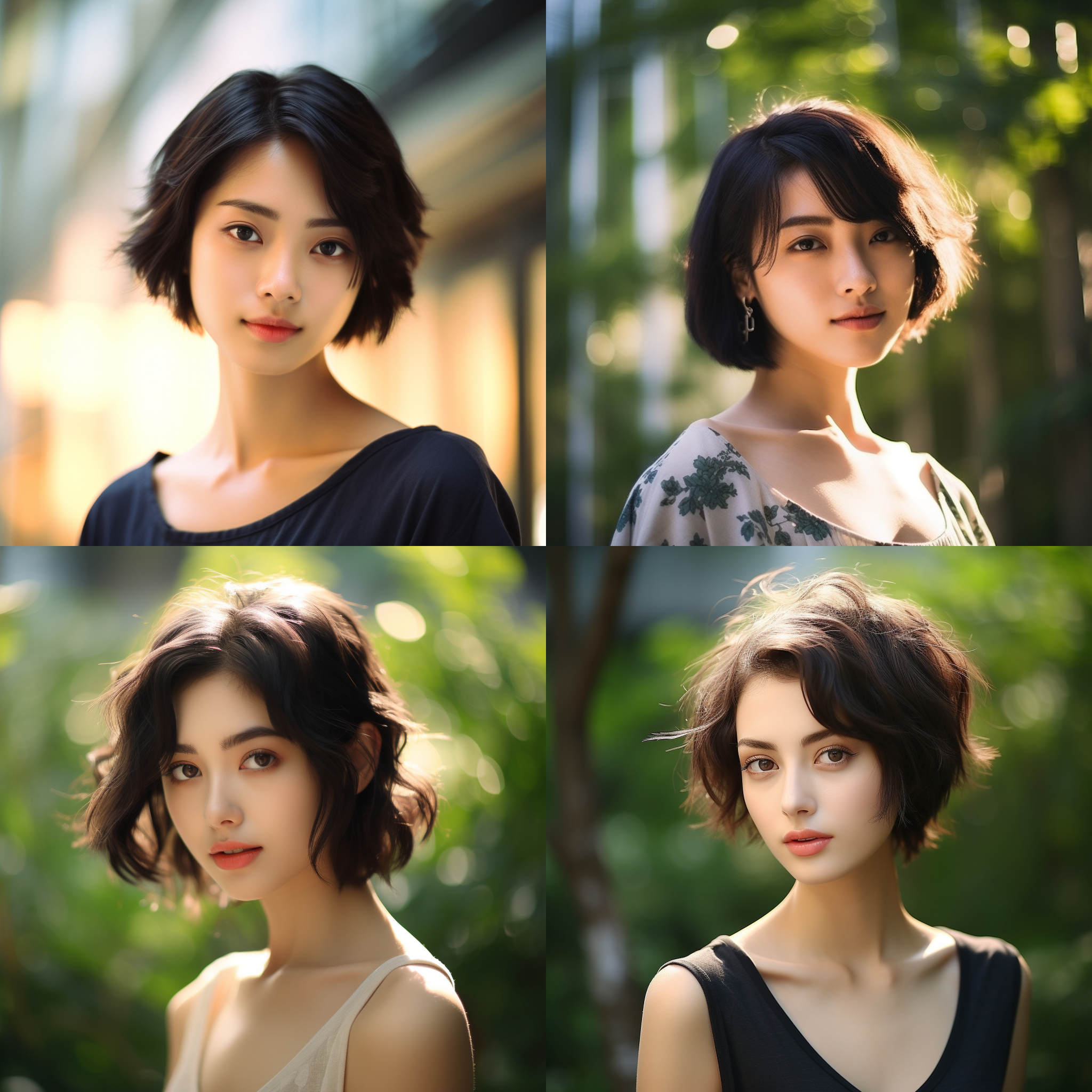 日式美女，阳光明媚，运动风格，细腻白皙，短发，黑色头发，逆光，长焦镜头，优雅知性，细节丰富，户外，和风舞姿，柔和色调，微笑。