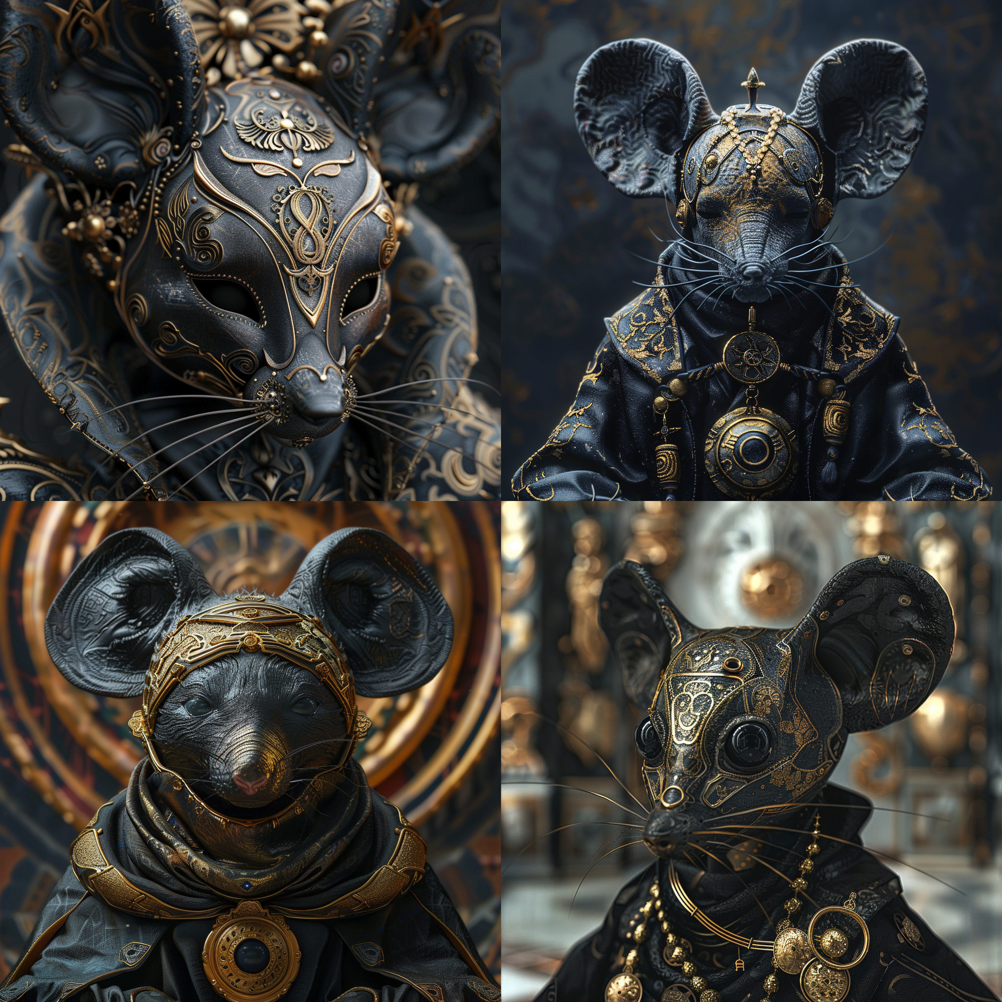 生肖鼠背景，黑金服装，面具，超现实风格，zbrush制作，宗教艺术，瓷器质感，宁静面容，动感姿势，uhd图像，ar 3:4，神秘幻想，奇幻色彩，坐姿，近景，超高清，抽象艺术，虚拟现实，立体感，艳丽色彩，神秘氛围。
