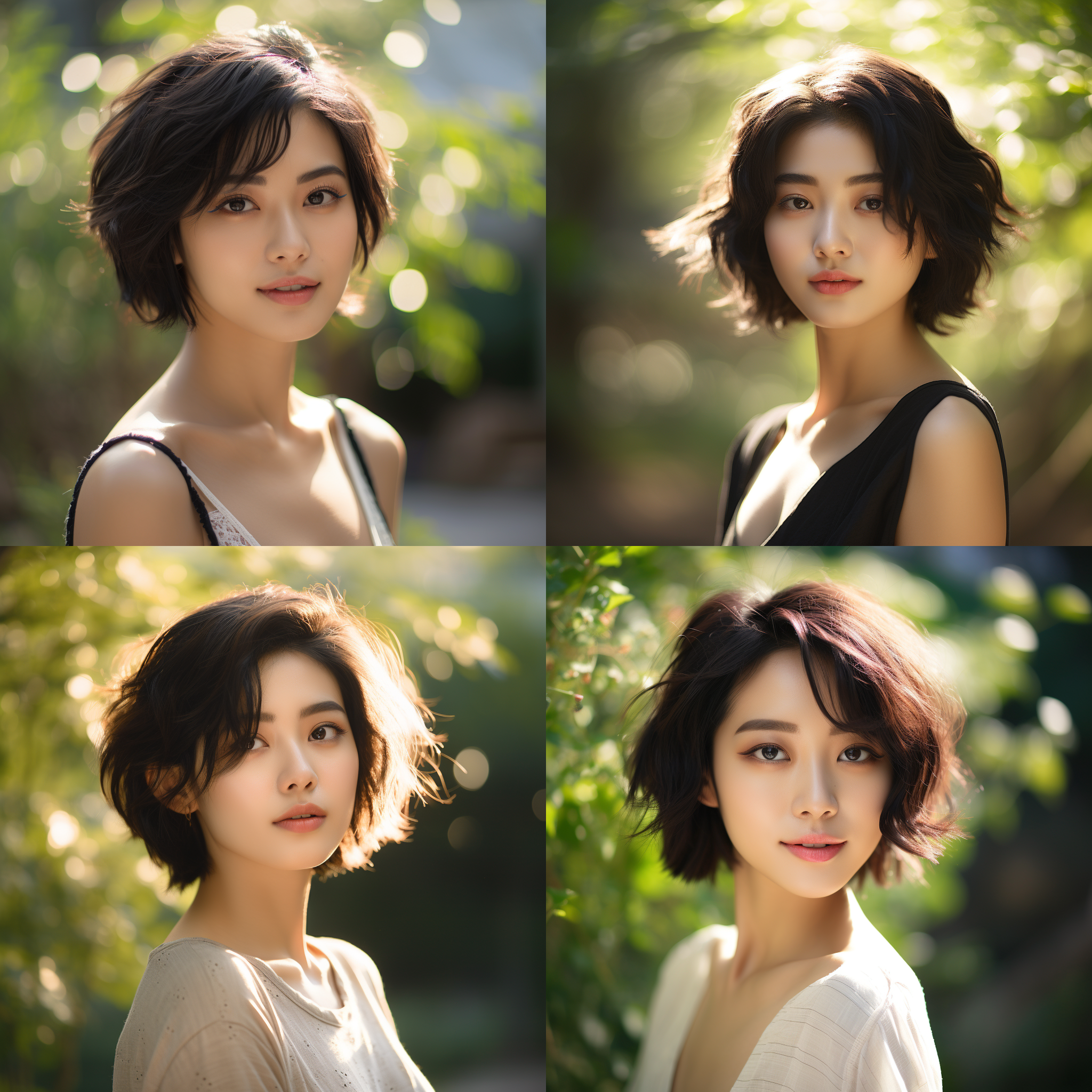 日式美女，阳光明媚，运动风格，细腻白皙，短发，黑色头发，逆光，长焦镜头，优雅知性，细节丰富，户外，和风舞姿，柔和色调，微笑。