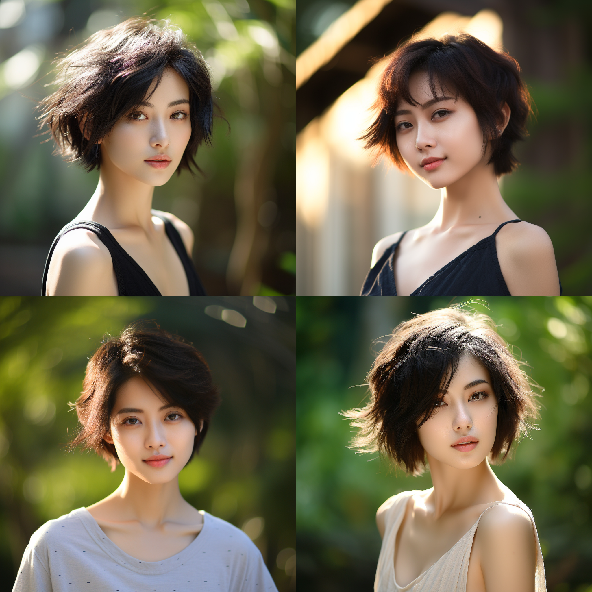 日式美女，阳光明媚，运动风格，细腻白皙，短发，黑色头发，逆光，长焦镜头，优雅知性，细节丰富，户外，和风舞姿，柔和色调，微笑。