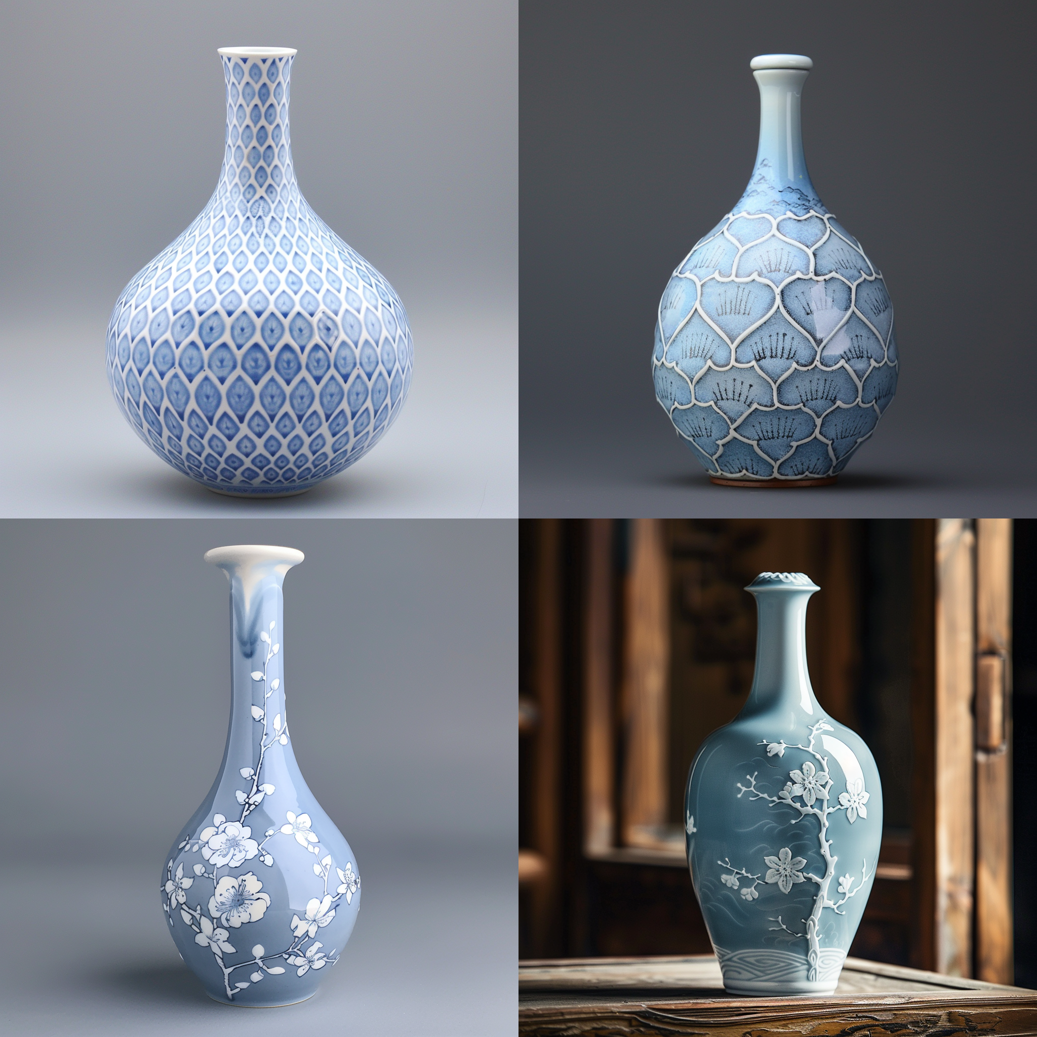 浅蓝色釉面，白色花纹，清晰的细节，透明质感，光线照射下的阴影，优雅而精致。陶瓷酒瓶，梅瓶外形，青花纹饰，瓶盖密封，500毫升，浅蓝色釉面，白色花纹，清晰的细节，透明质感，光线照射下的阴影，优雅而精致。