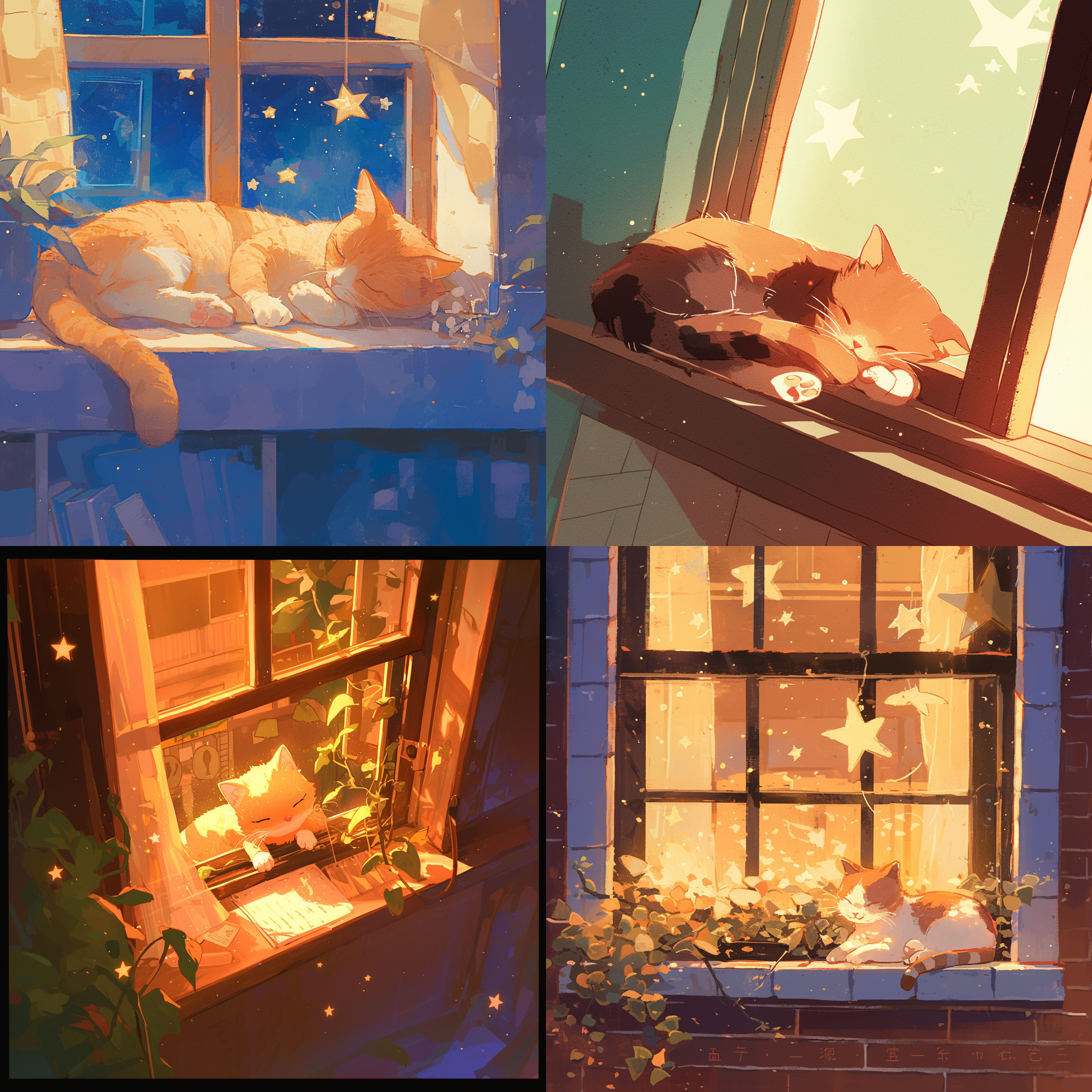 室内环境，主角金渐层小猫，趴在窗台，外面满天繁星，特写，侧面角度，温馨画面