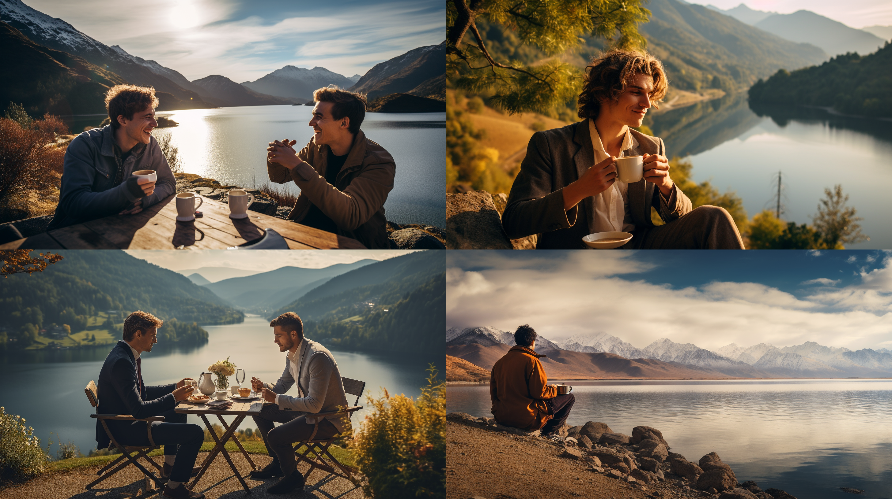 男人喝茶，湖光山色，方形构图，自然光，静态，暖色调，肖像模式，自然表情，放松，宁静。