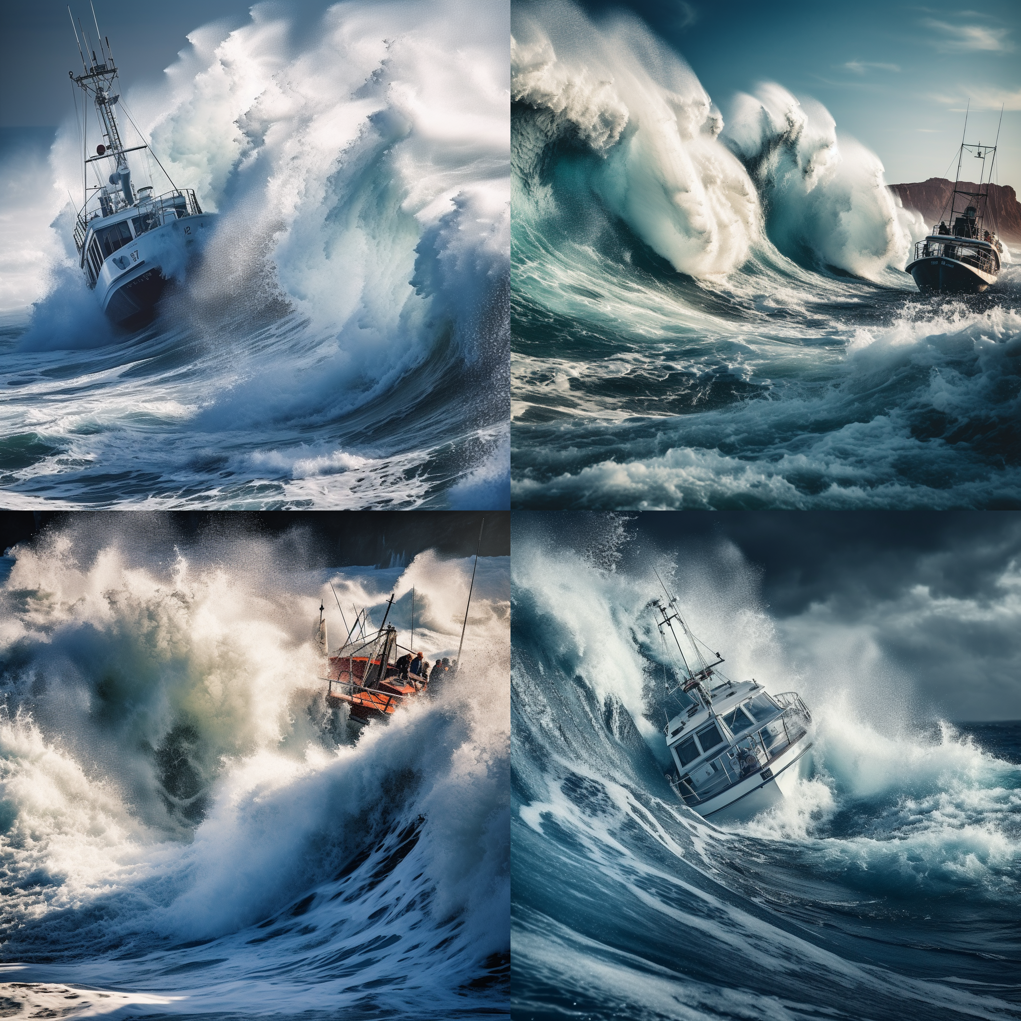 巨浪拍打小船，壮观海景，垂直构图，高速快门，海洋中，蓝色调，长焦镜头，水花飞溅，挑战，震撼。