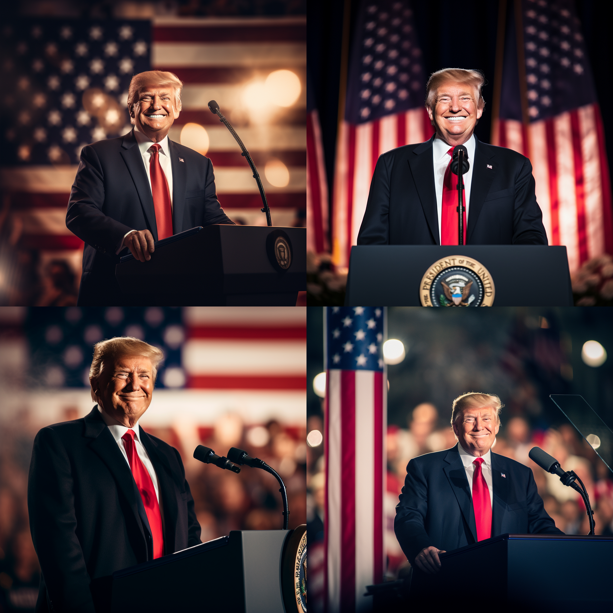 特朗普赢得大选后得意的表情, 站在演讲台上，背景为美国国旗，正面视角，高清晰度，室内，暖色调，长焦镜头，正面光，微笑，自信。