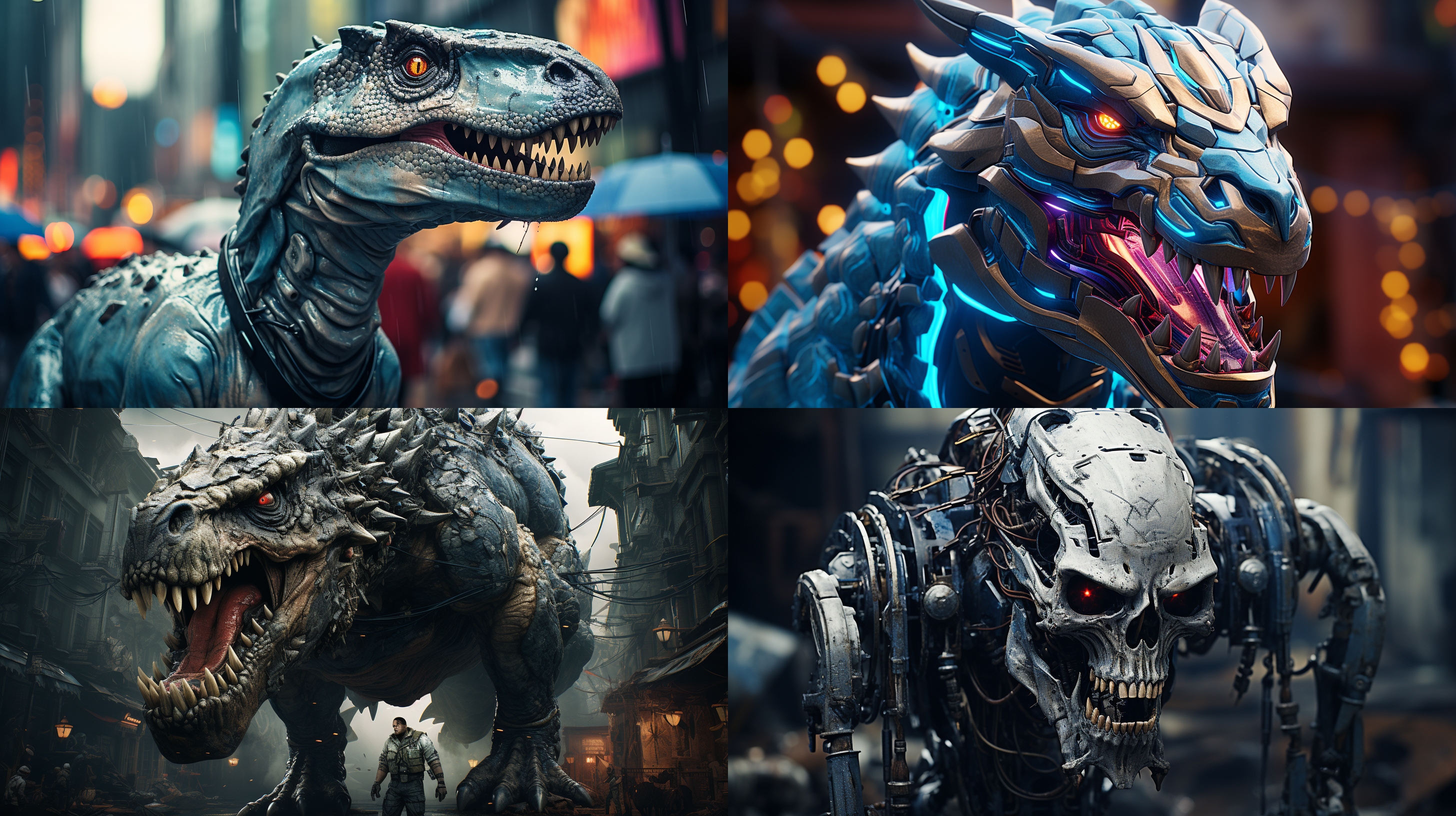 机械恐龙奔跑于未来城市街道，全身钛金机械，光晕效果，狰狞面容，超高清细节，超现实风格，金属质感，zbrush制作，神秘氛围，虚拟未来，高反差，冷色调，废弃高楼，大城市。