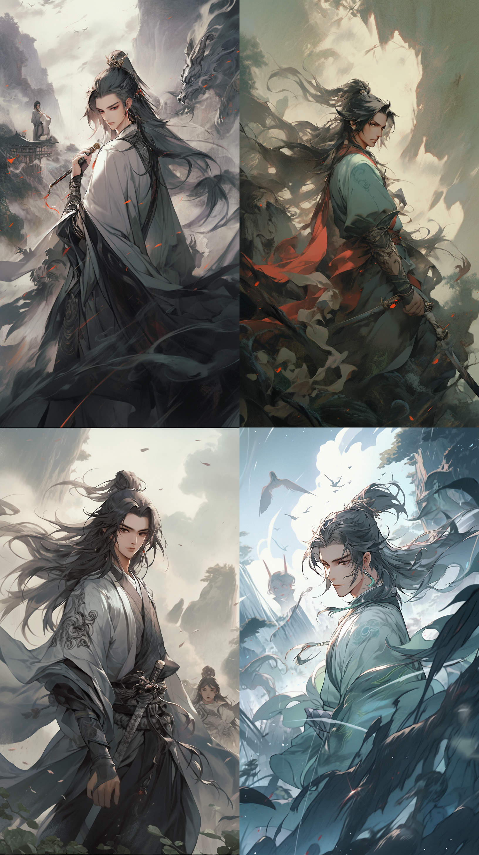 青年道士拦住军阀及队伍，古风服装，肃穆表情，山间小路，侧光打在脸上，古色调，长焦镜头，威严动作，烟雾缭绕，英勇，紧张。