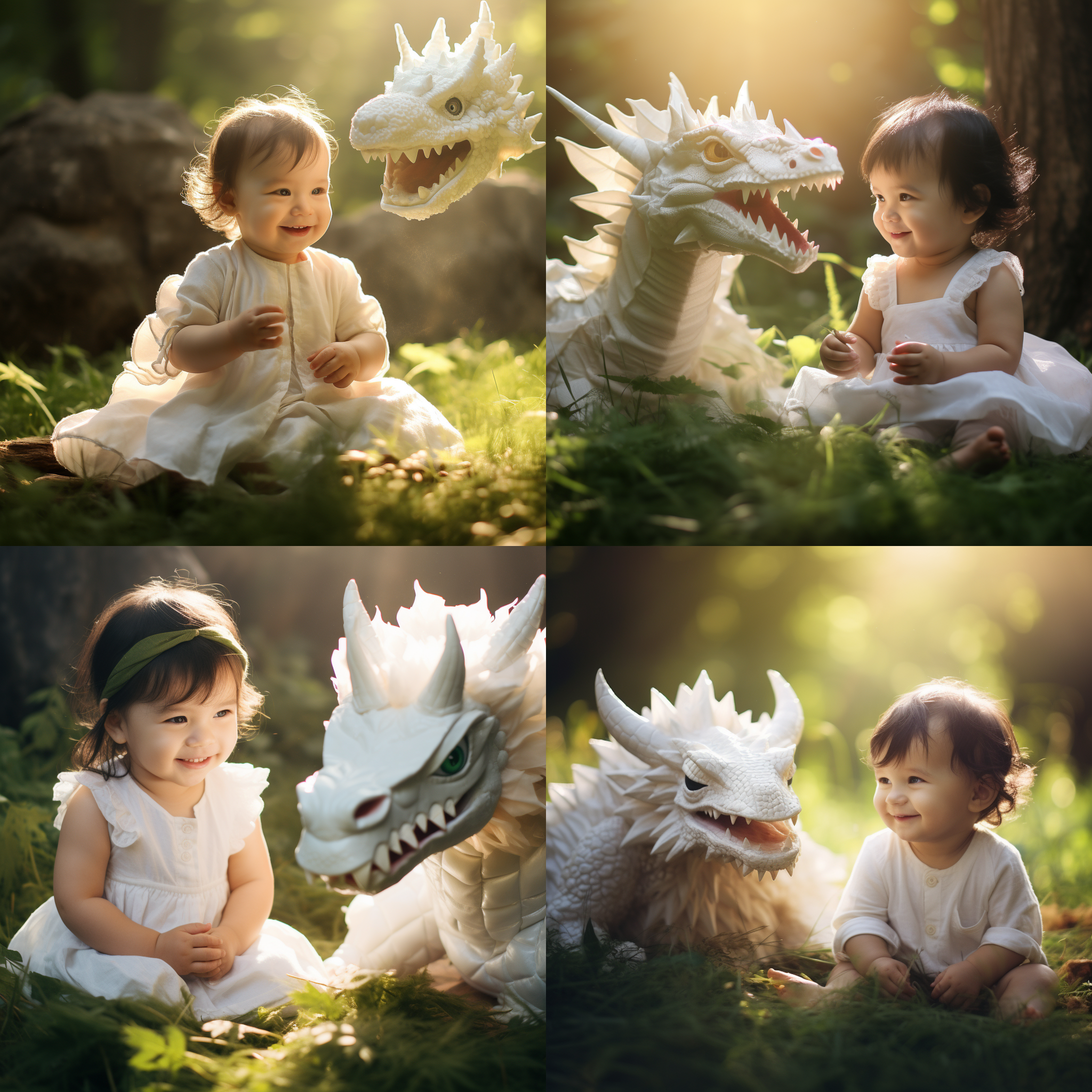 神龙守护的小宝宝，宝宝躺在绿草地上，宝宝身着白色连衣裙，面带微笑。宝宝周围是茂密的森林，阳光透过树叶洒下，营造出温暖而神秘的氛围。摄影风格自然真实，使用长焦镜头捕捉宝宝的纯真表情。照片色调以柔和的绿色为主，传达出守护与宁静的情感。