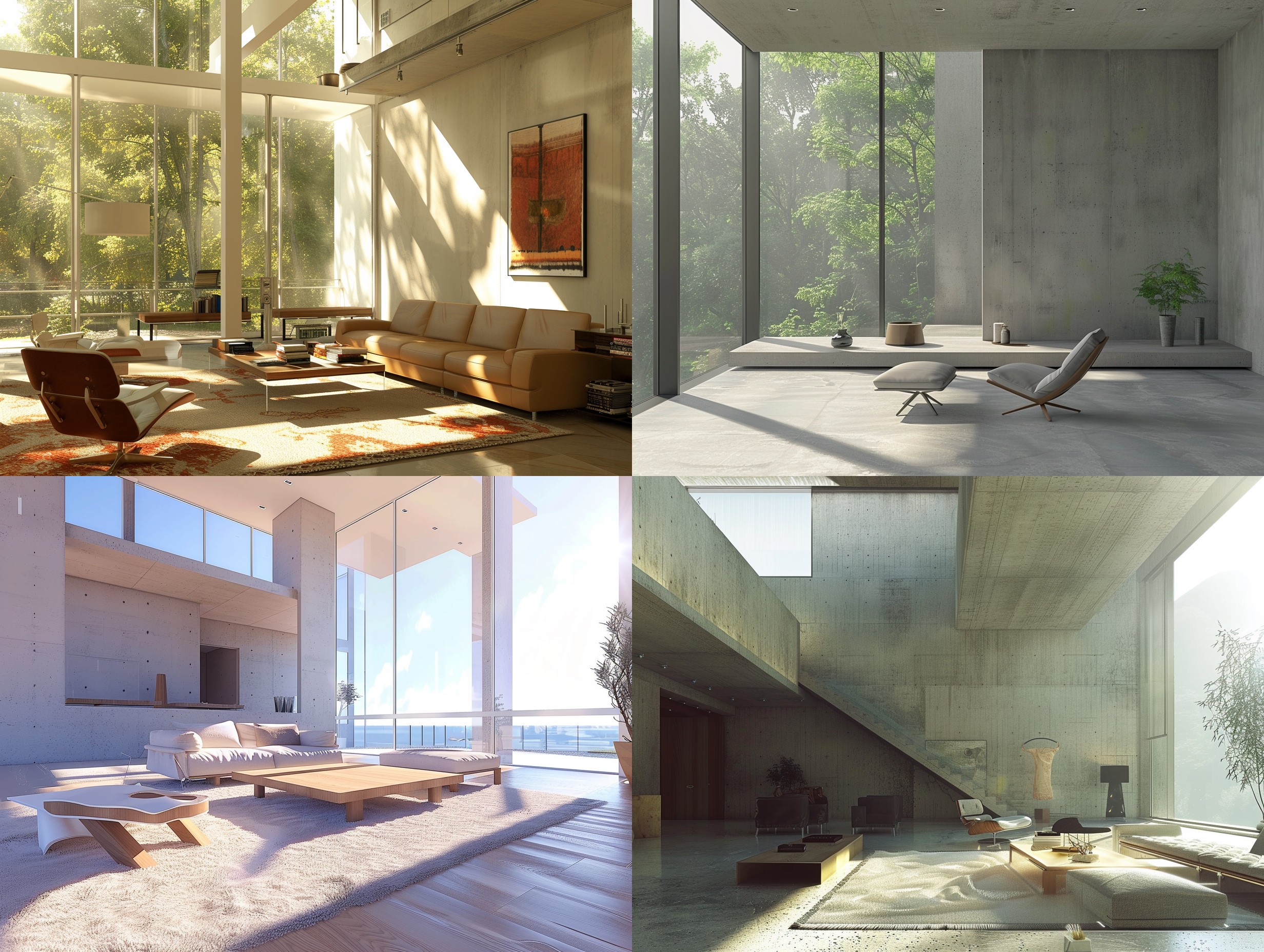 living room, tadao ando design style, bauhaus style furniture, no main lighting, natural light, minimalist design, ultra high definition