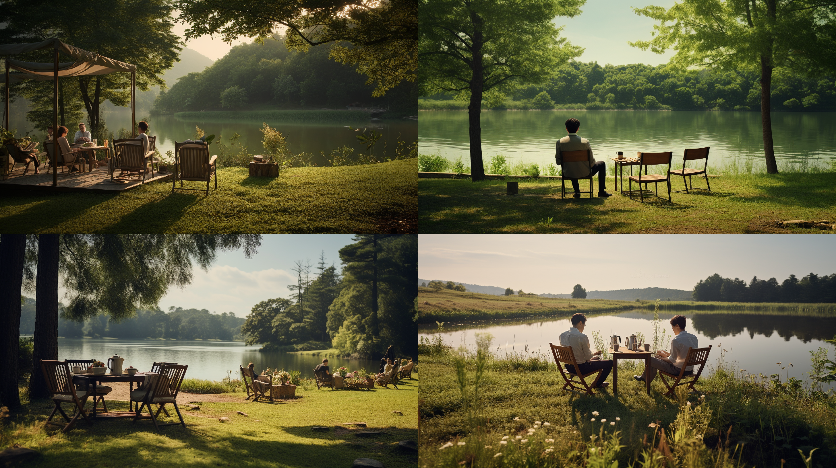 清晨，湖边，翠绿的草地，方形木桌，茶杯，男人坐在靠背椅上，安静 环境，自然光，静态，方形构图，暖色调，肖像模式，自然表情，放松，宁静