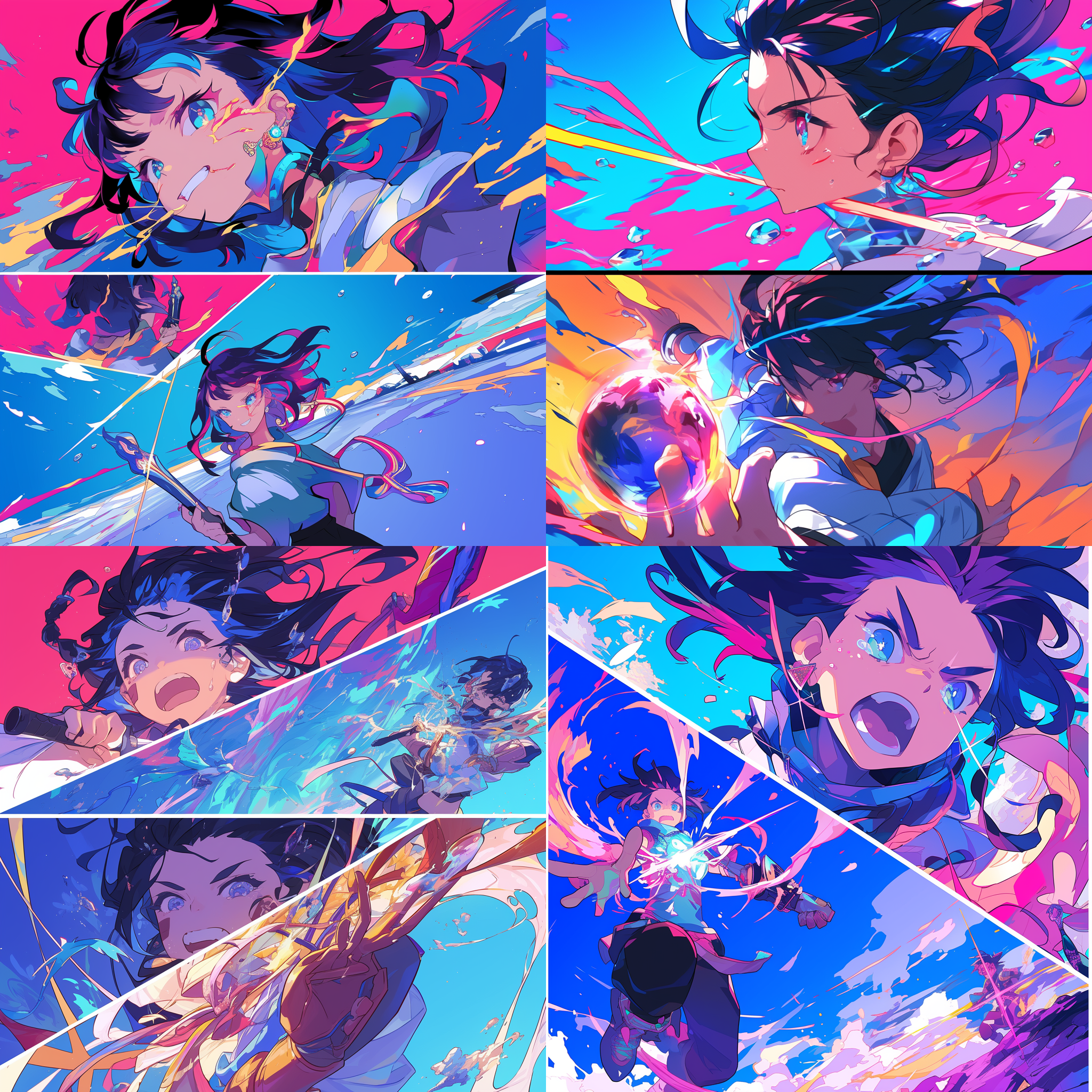 四格漫画，少年，魔幻，高质量，色彩丰富，细节丰富，动作表现，梦幻风格，宽广视角，明亮照明，表情丰富，惊喜，活力。