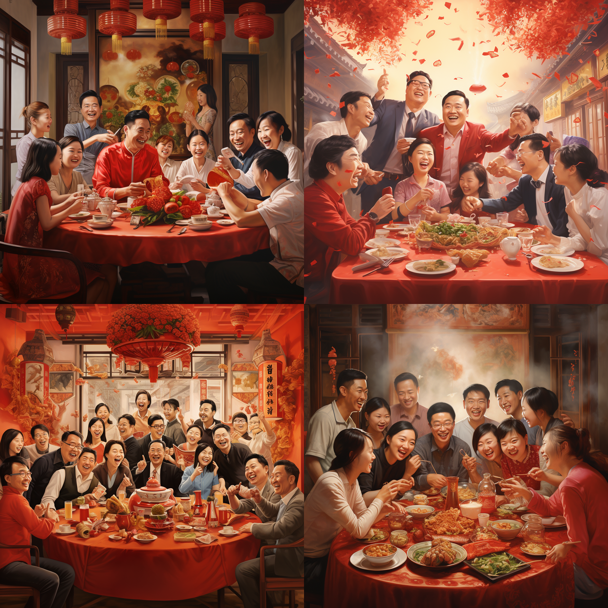 家庭团聚，饱满餐桌，喜庆红色，中国结装饰，笑容满面，男士西装，暖色调，室内环境，低角度拍摄，聚餐场景，幸福喜悦，团圆氛围。