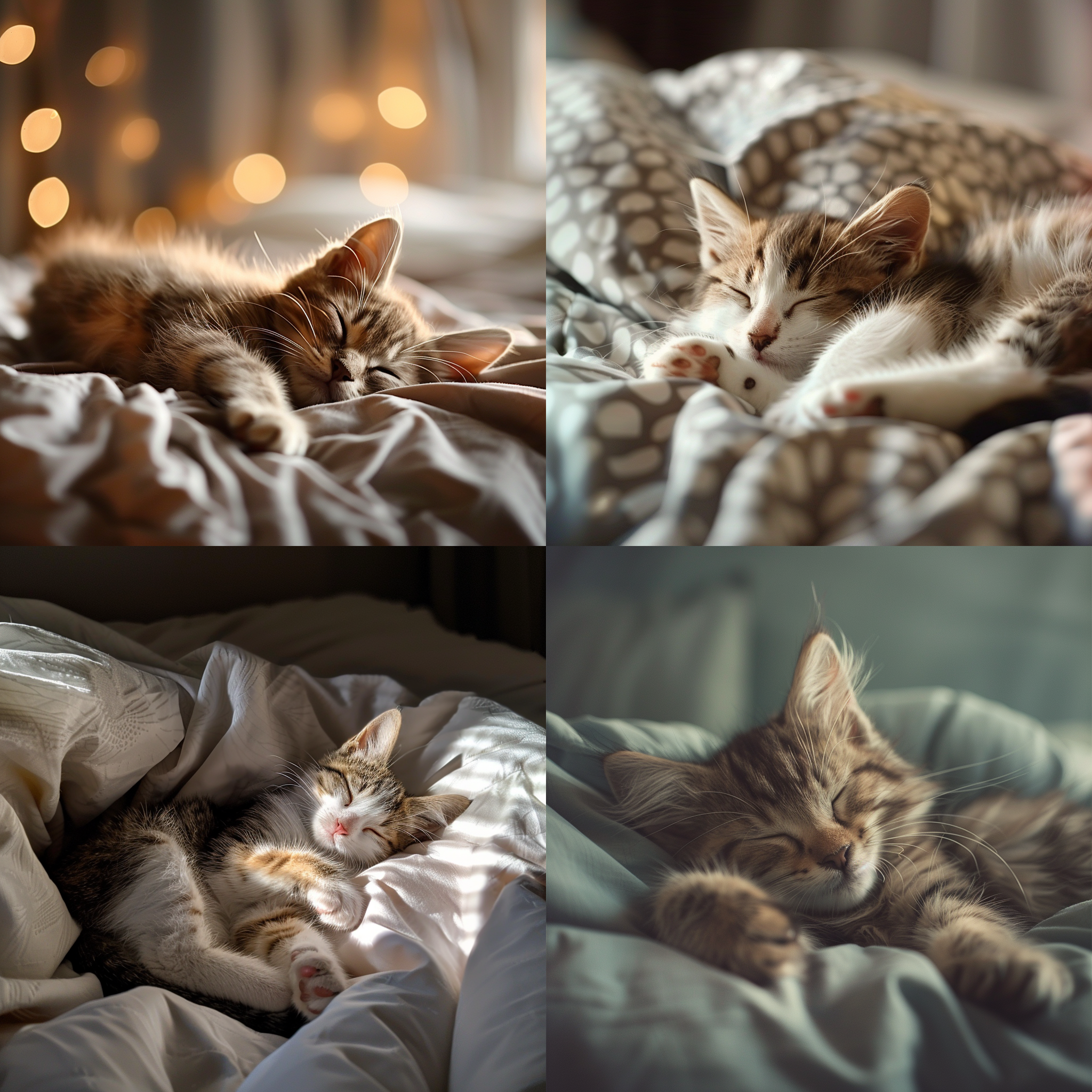 小猫在宜家风格卧室睡觉，银渐层，欧美简约，柔和光线，毛发细节，可爱表情，温暖色调，适中快门速度，幸福快乐。