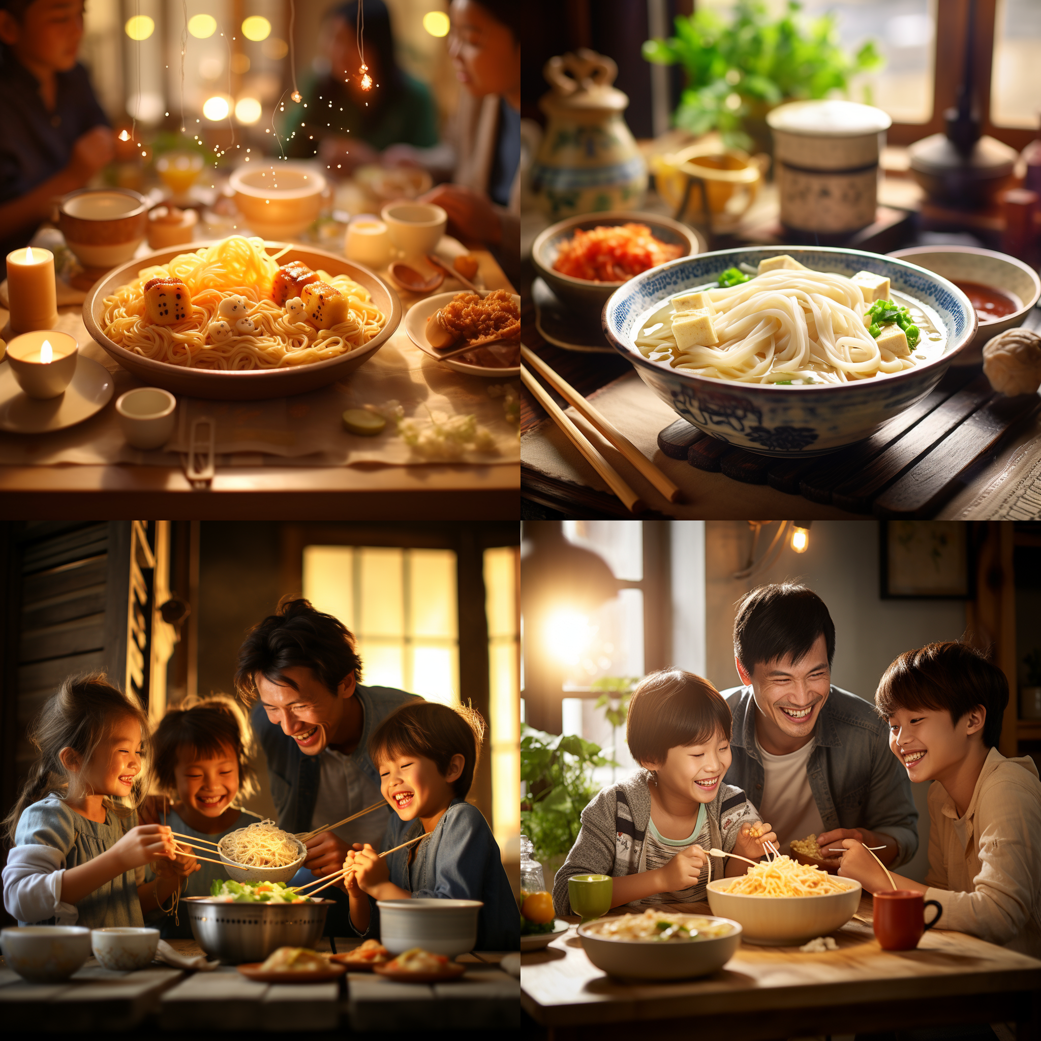 豆花吃面条，室内取景，温馨，家庭聚餐，传统风格，暖色调，中焦镜头，自然光，微笑，亲情，美食，快门。