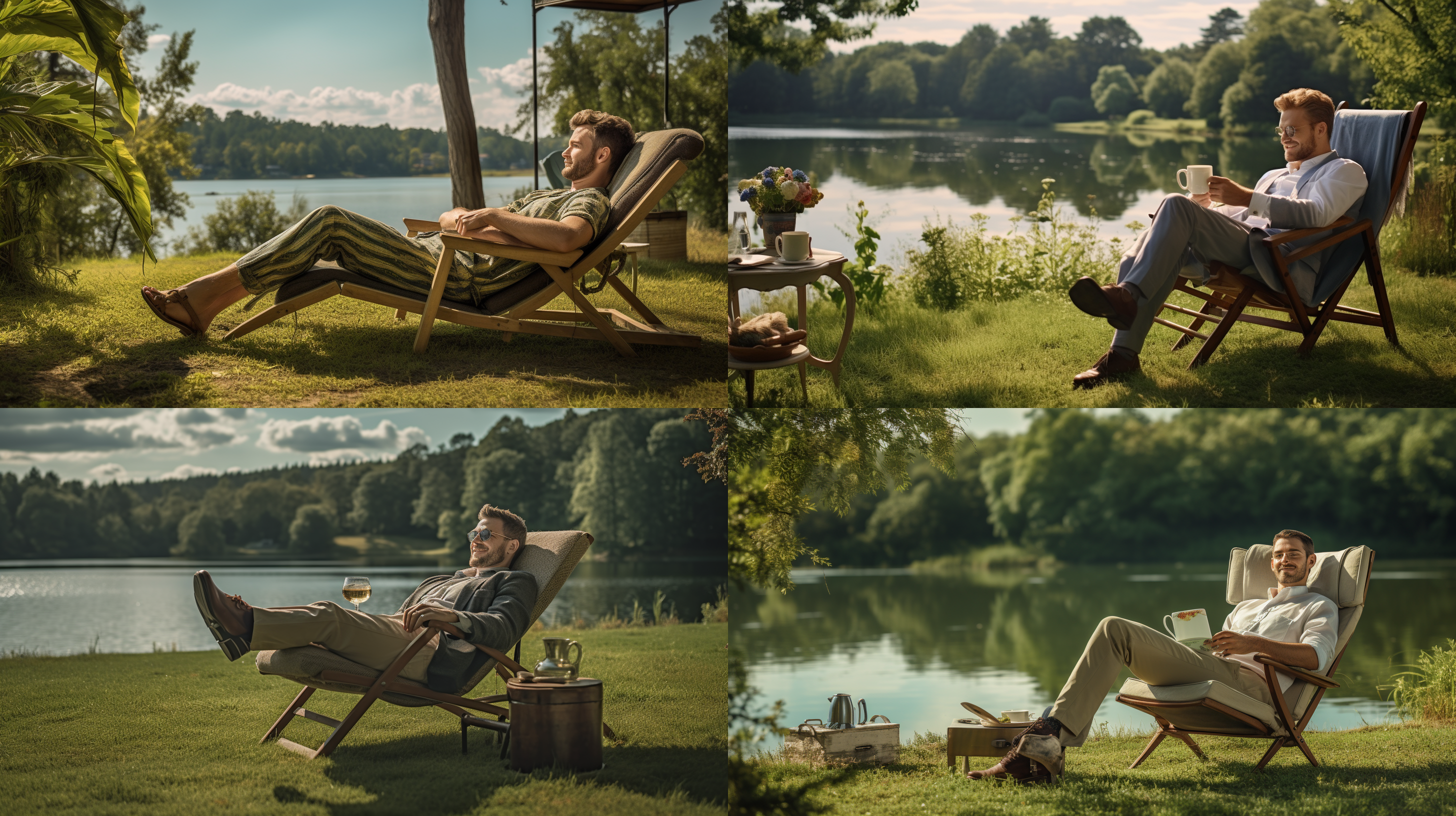 男人躺椅上，湖泊背景，翠绿草地，树林，正午阳光，木桌，茶杯，清晰镜头，自然光，轻松微笑，放松，宁静。