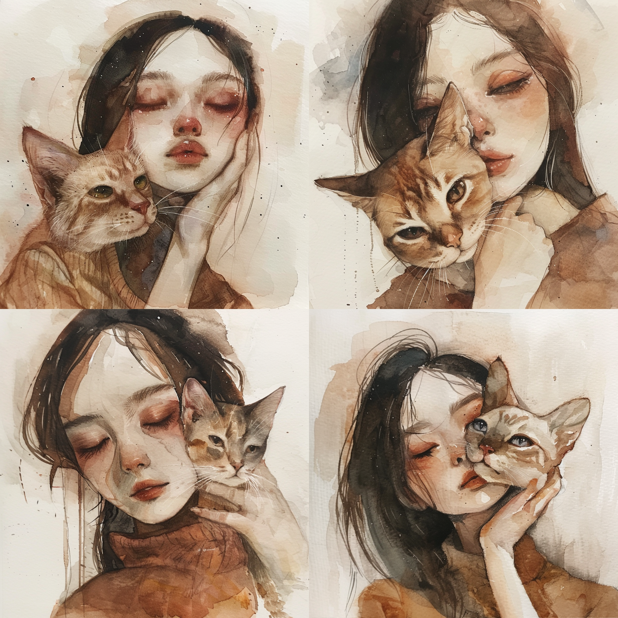 亚裔女孩拥抱着狸花猫，微笑，温馨，毛茸茸，贝娅克里特·波特风格，水彩，简约流畅，白色背景，可爱，放松，亲密，静谧。